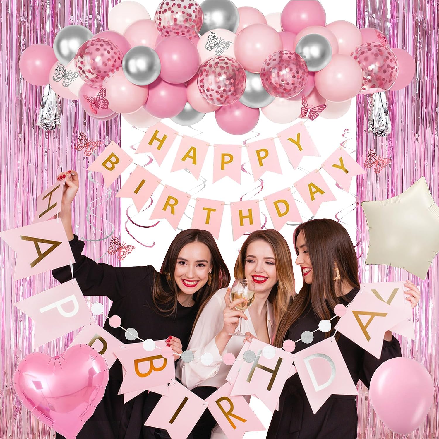 Pink Birthday Party Decorations for Women Girls,Happy Birthday Banner,Fringe Curtains, Butterfly Decorations,Hanging Swirls,Circle Dots,Tassels Pompoms,Pink Balloons Foil Silver Balloons - Image 6