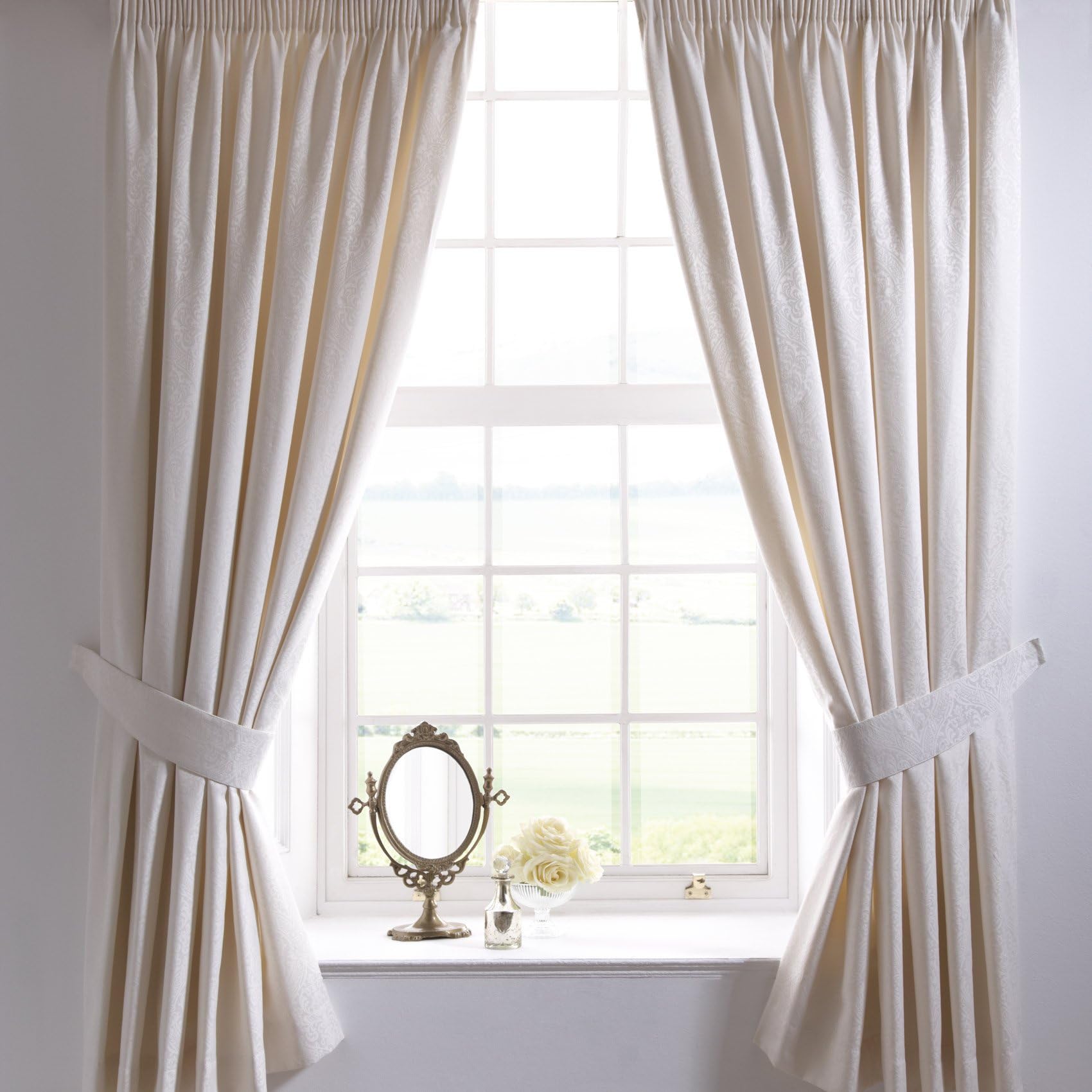 Vantona Renaissance Damask Lined Pencil Pleat Curtains with Tiebacks, Cream - 66" x 54"