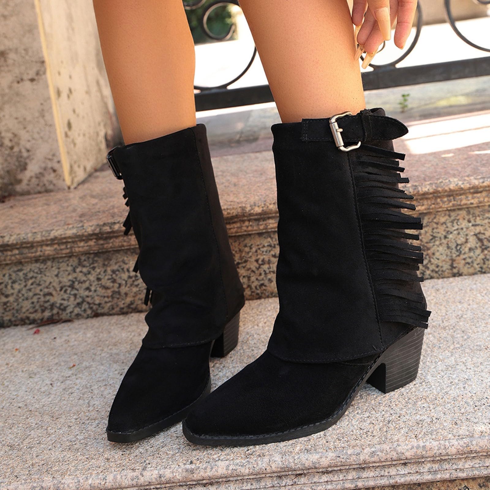 Botas por Encima de la Rodilla Botas Elegantes de Media caña con Flecos Estilo Western y tacón Grueso para