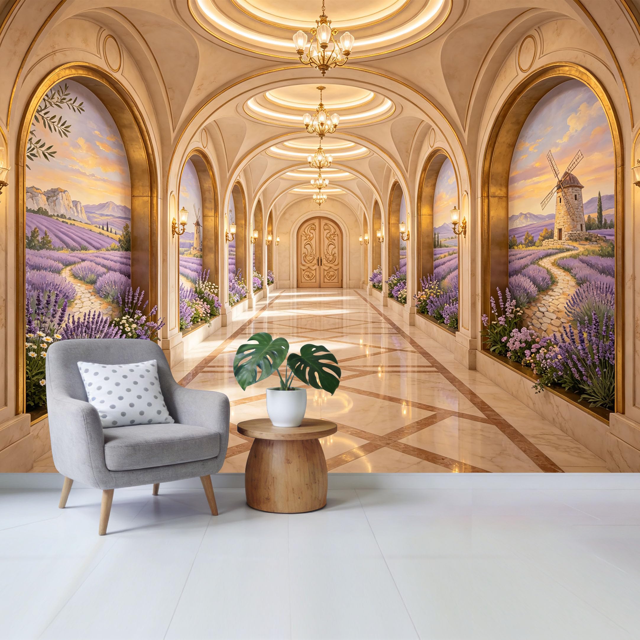 Removable Self Adhesive Fabric Mural， Provence Lavender Field Windmill Custom Size Wall Covering， UV Protected Waterproof Washable Wall Decor for Living Room Bedroom Bathroom