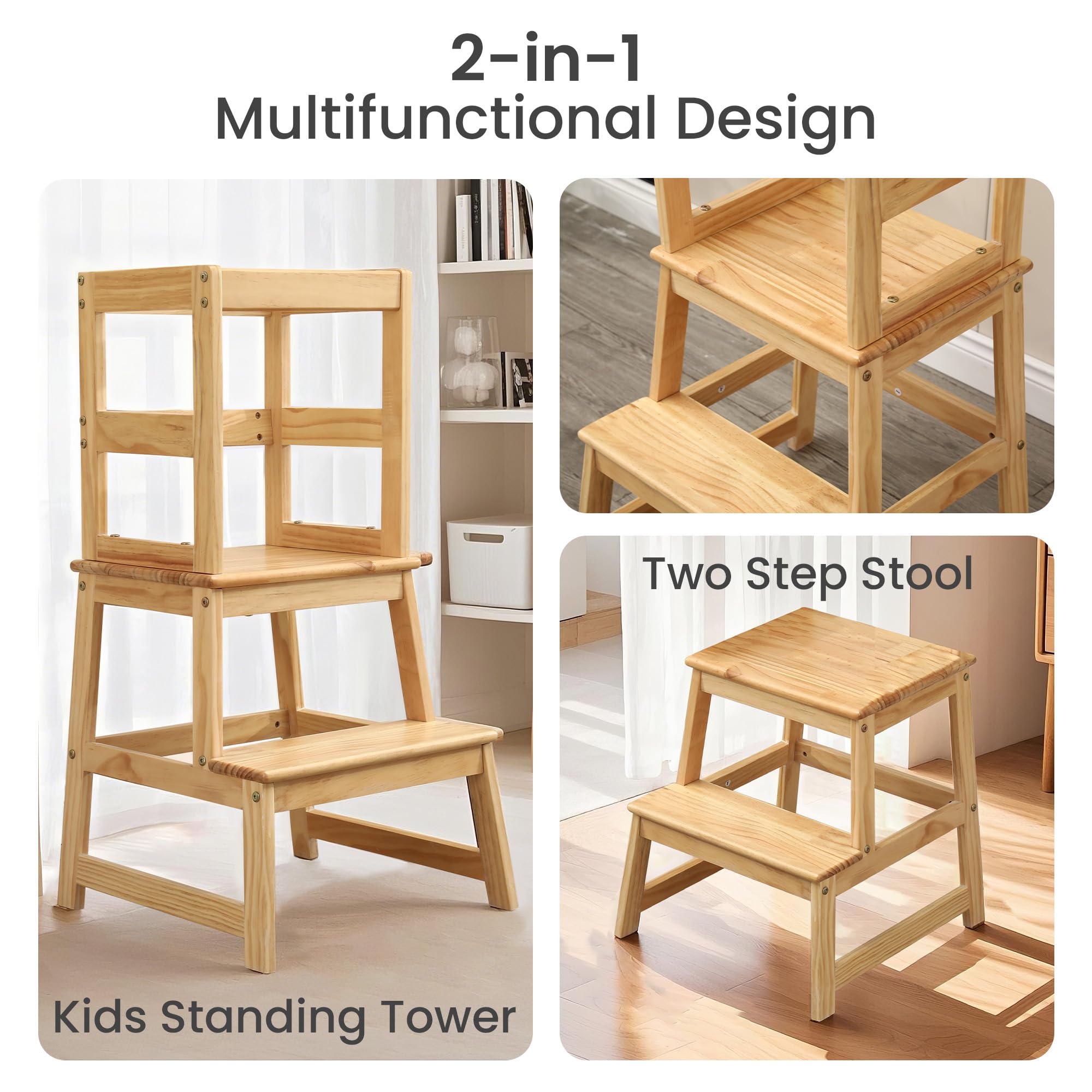 hoopyosms Toddler Standing Tower Kids Kitchen Step Stool for Learning with Removable Safety Railing, Wood