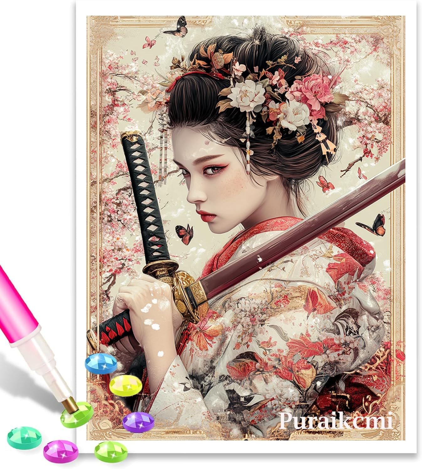 Puraikcmi DIY 5D Japanese Beautyl Geisha Girl Diamond Art Painting Kits 12x16 Inch Full Drill Round Diamonds Rhinestone Embroidery for Wall Decoration