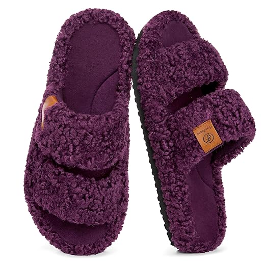EverFoams Womens Fuzzy Open-toe Slippers Soft Comfy Memory Foam Indoor House Shoes