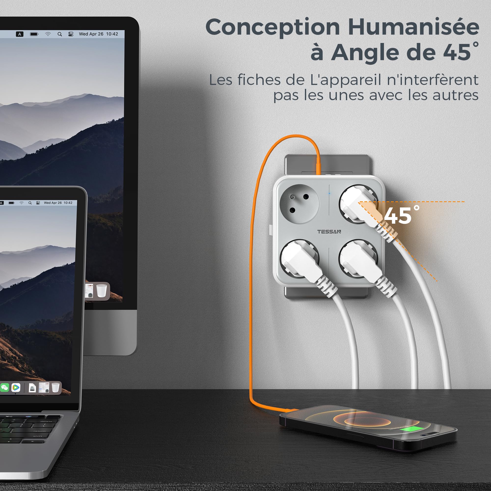 TESSAN Multiprise Murale Française avec 4 Sortie AC et 3 Ports USB, 7 en 1 Prise Électrique 4000W avec Interrupteur, Secteur USB C Gris Convient pour Domicile, Bureau, Compatible pour Phone, Pad