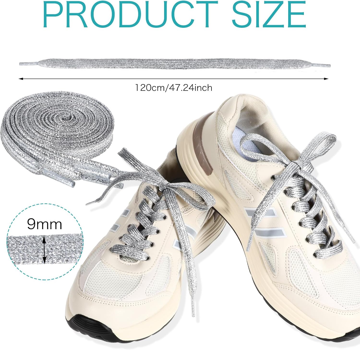 Ouligay 2 Pairs Silver Glitter Bling Shoe Laces for Sneakers, 9mm Wide Flat Sparkle Sparkly Shoelace 120cm 47 Inch Shinny Metallic Shoe Strings Fun Fancy Shoestrings for Women Men Adult