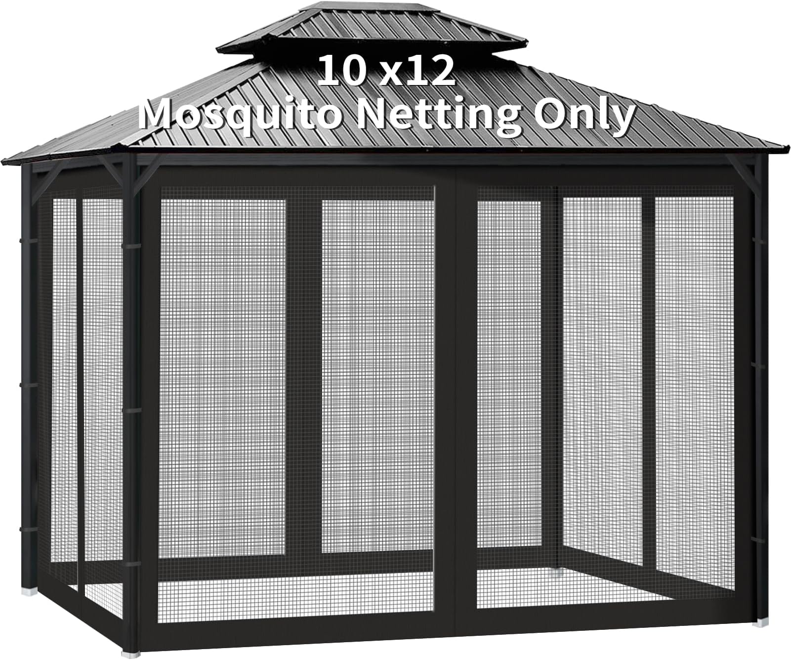 Gazebo Universal Replacement Mosquito Netting, 10' x 12' Outdoor Canopy Net Screen 4-Panel Sidewall Gazebo Curtains, with Zippers, Easy to Install, Fit for Most Gazebos 10x12 Canopy, Patio（Black）