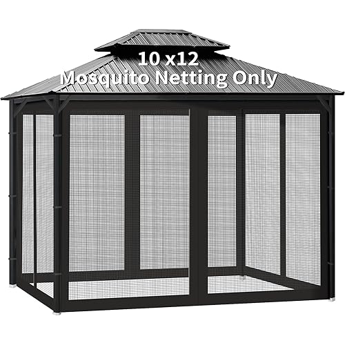 Gazebo Universal Replacement Mosquito Netting, 10' x 12' Outdoor Canopy Net Screen 4-Panel Sidewall Gazebo Curtains, with Zippers, Easy to Install, Fit for Most Gazebo 10x12 Canopy, Patio（Black）