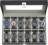 SONGMICS 12-Slot Watch Box Organizer with Glass Lid, Removable Pillows, Black PU Leather - UJWB12BK Watch Display Case