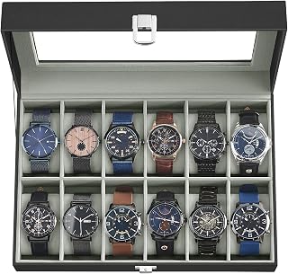 SONGMICS 12-Slot Watch Box Organizer with Glass Lid, Removable Pillows, Black PU Leather - UJWB12BK Watch Display Case