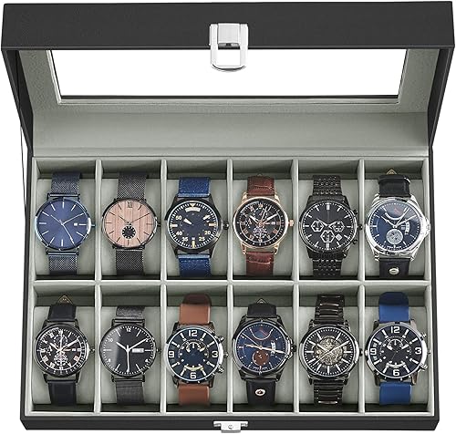 SONGMICS Watch Box, 12-Slot Watch Case Organizer with Large Glass Lid, Removable Pillows, Gift for Loved Ones, Black Synthetic Leather, Gray Lining UJWB12BK