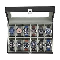 SONGMICS Watch Box 12-Slot Watch Case Organizer with Large Glass Lid Removable Pillows Gift for Loved Ones Black