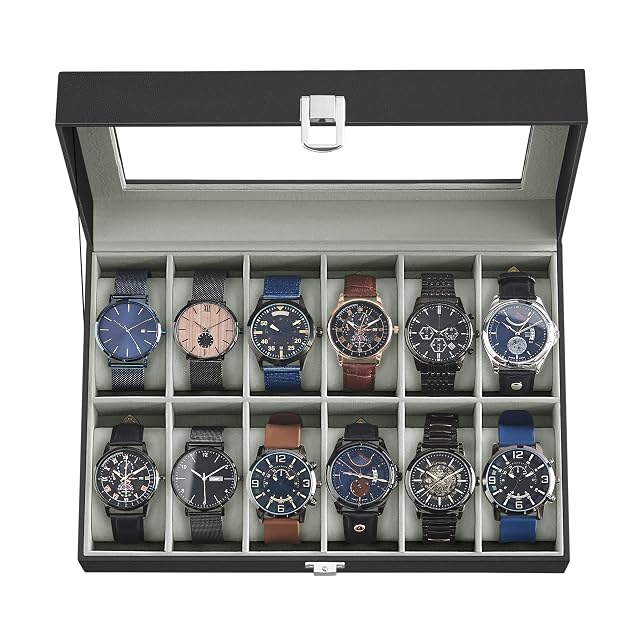 SONGMICS Watch Box 12-Slot Watch Case Organizer with Large Glass Lid Removable Pillows Gift for Loved Ones Black