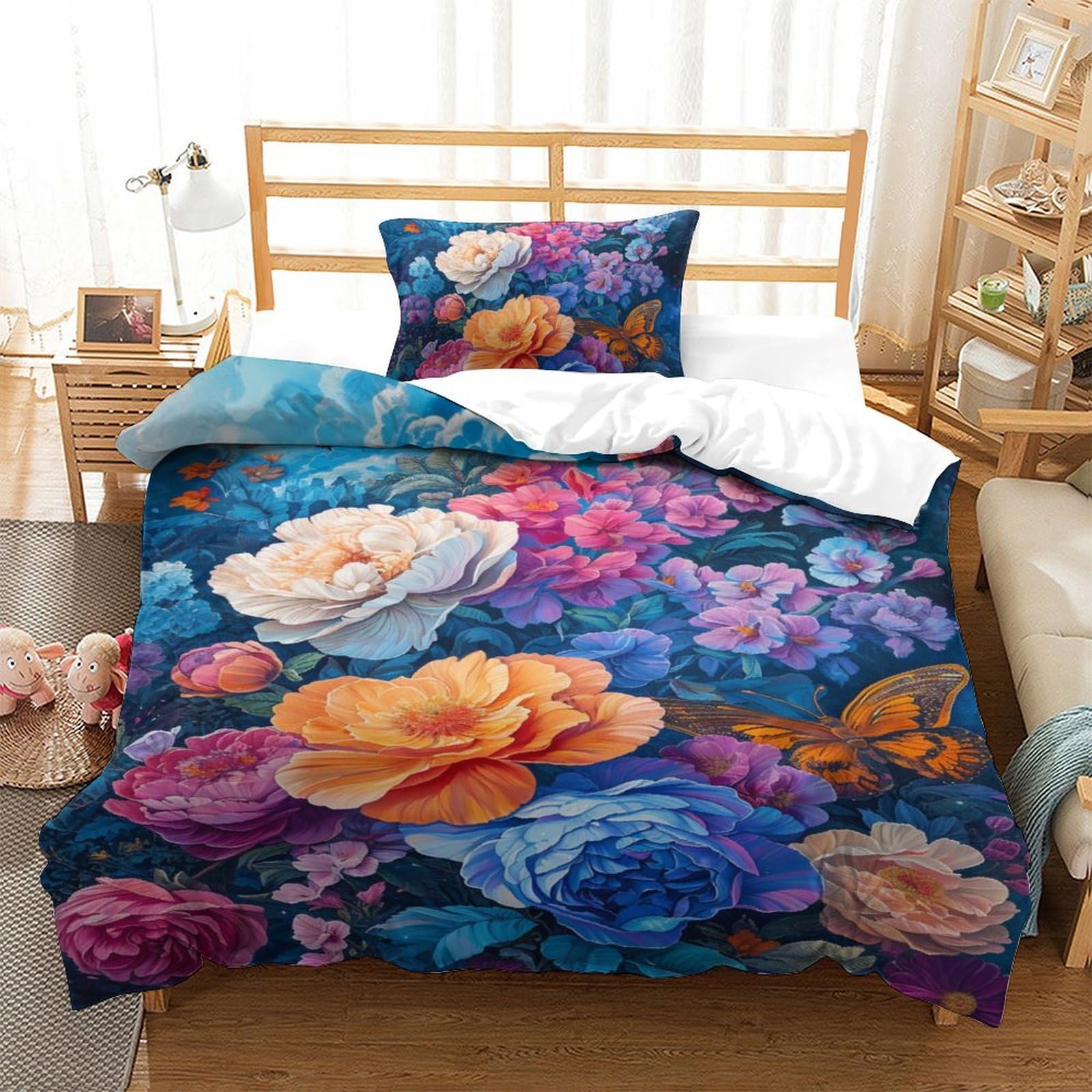 Housse de couette imprimé 3D roses colorées 135x200 microfibre 3 pièces single