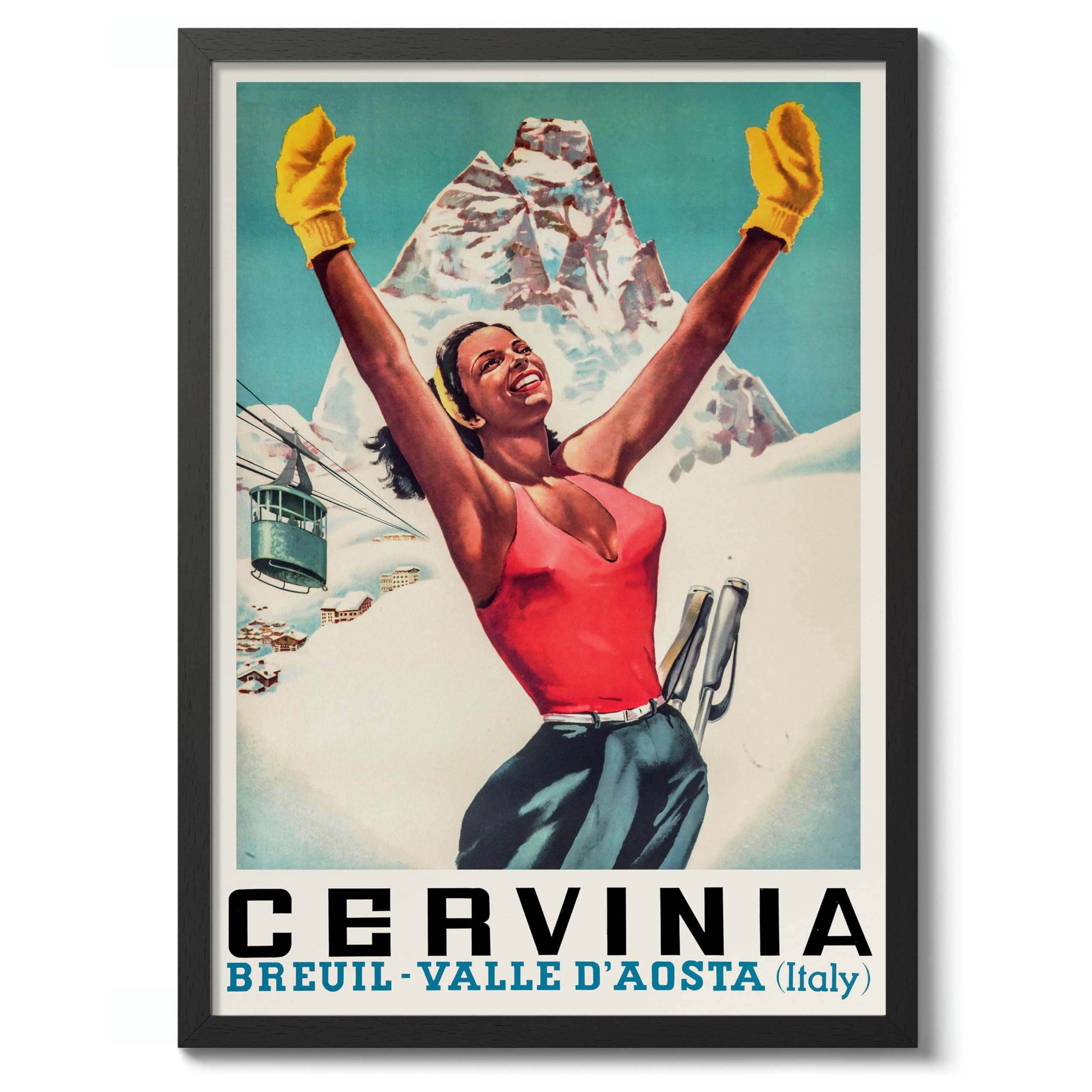 Cervinia, Italy - Skiing Vintage Skiing Poster, Minimalist Wall Art, Mountain Travel Prints, Snow, Ski Trip Home Decor, 50x70cm (Black Frame) - 53x73cm