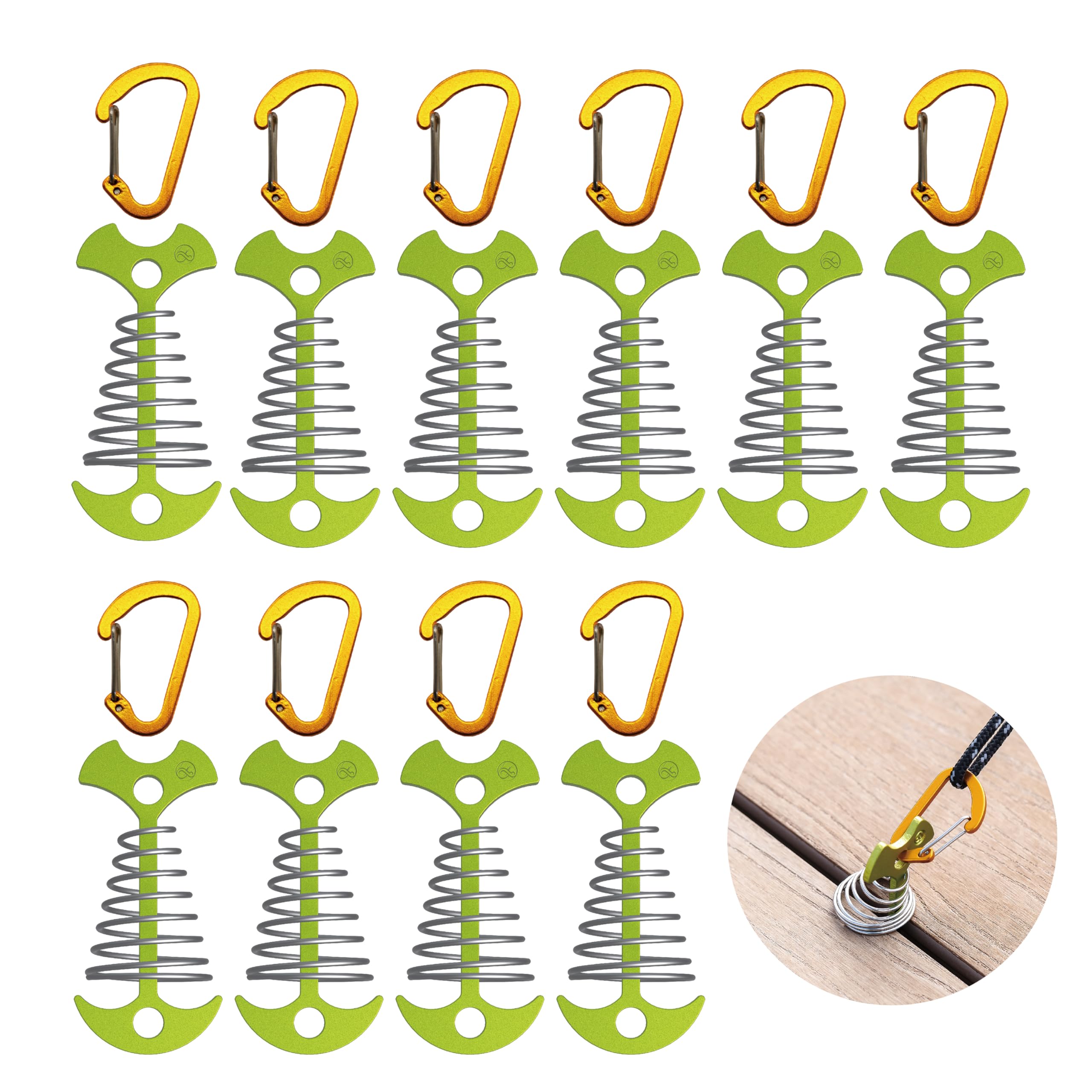 Naceture Green Deck Anchors Pegs With Carabiners - Tie Down Anchor Rope Tensioner | Rope Tent Tie Down Stakes Clips, Canopy Tent Anchors Outdoor Camping Tent Accessories 10 Pack (Green)