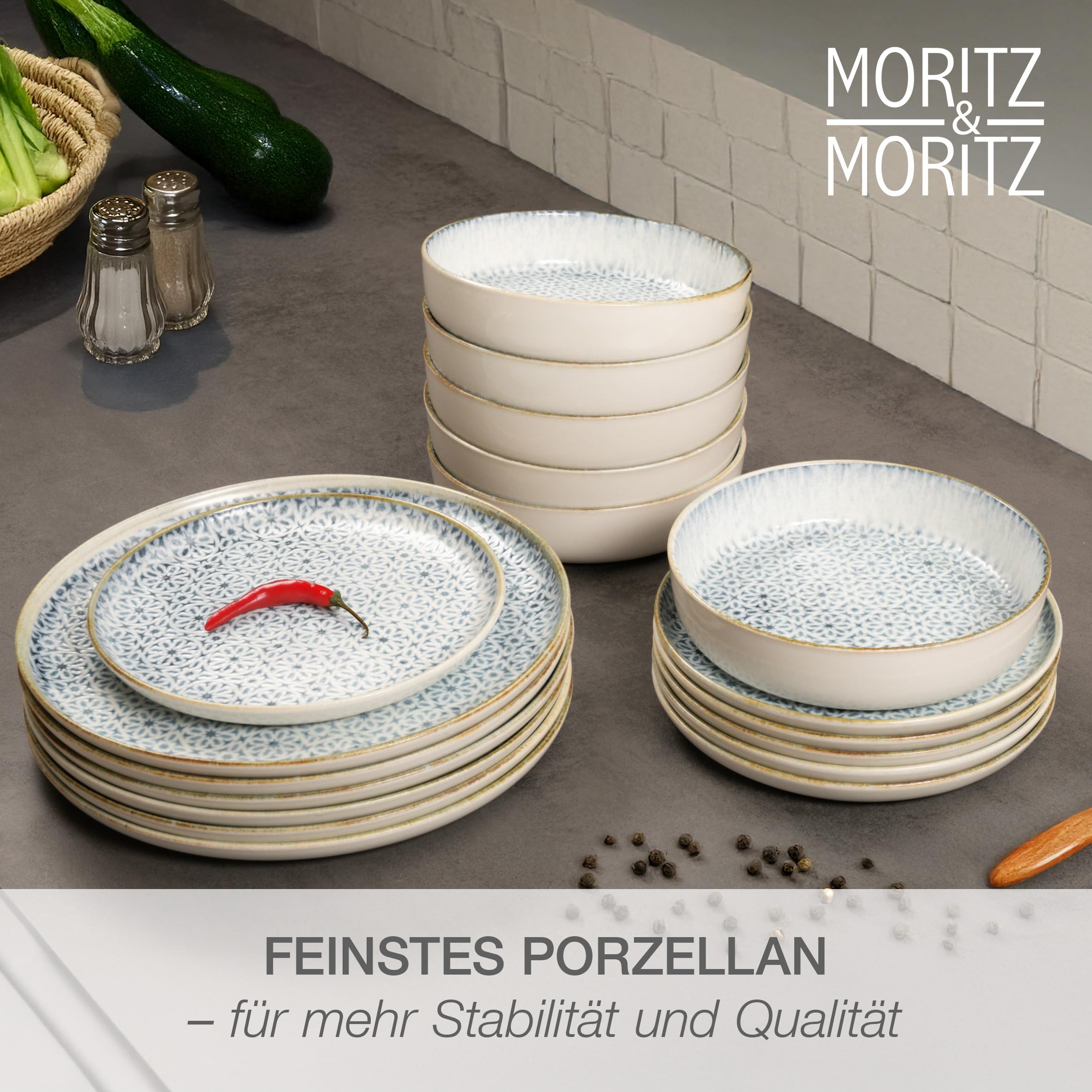 Moritz & Moritz ALHAMBRA Geschirrset 6 Personen 18-tlg. aus hochwertigem Porzellan - Modernes Tafelservice in Blau - Pflegeleichtes Geschirr Set aus je 6x Speiseteller, Dessertteller und Schalen