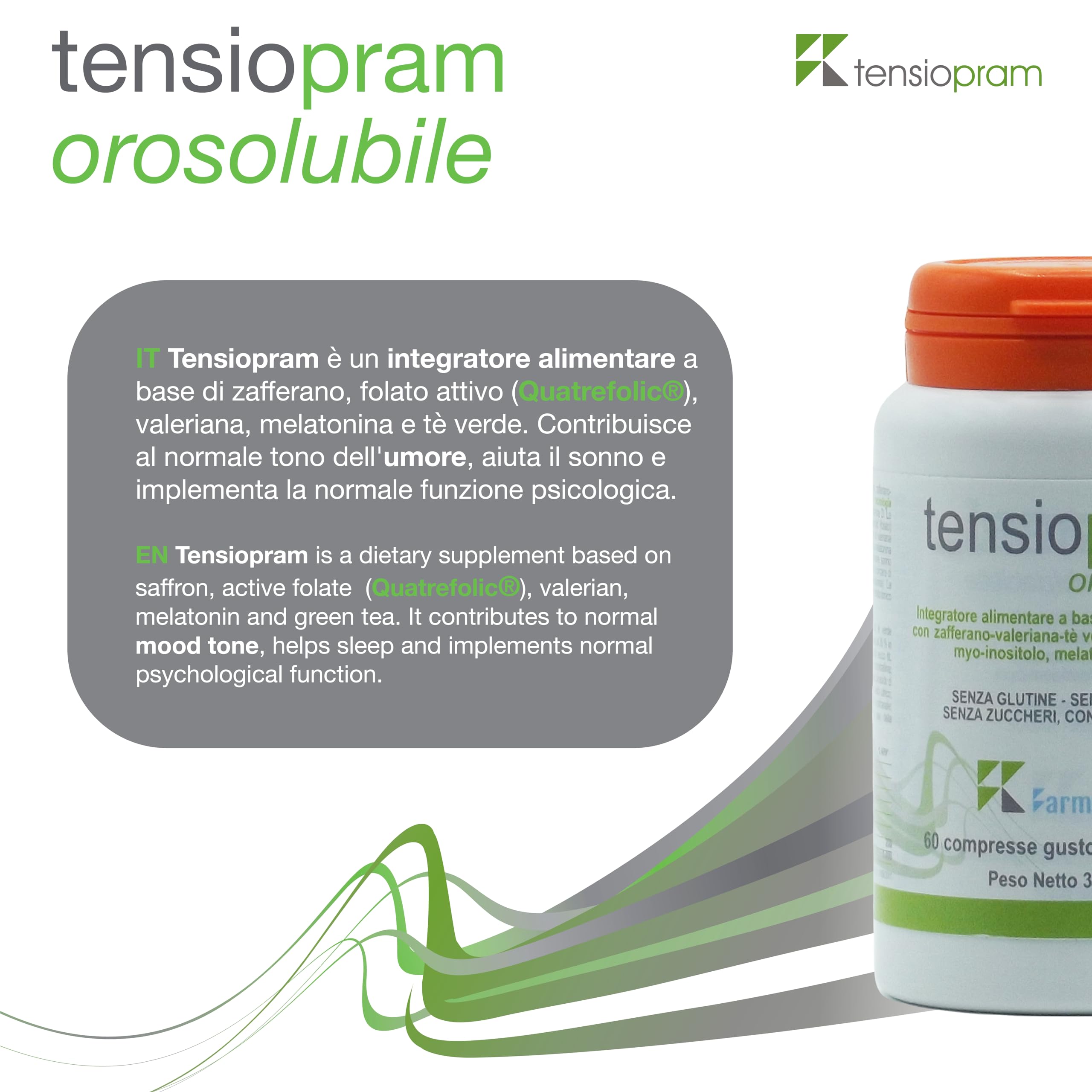 Tensiopram 60 compresse sublinguale, Naturale a Base di Valeriana, 1mg Melatonina, tè verde, zafferano Vit. D, Quatrefolic® e Myo-inositolo, per Ansia, Stress, Sonno e Umore, Vegan