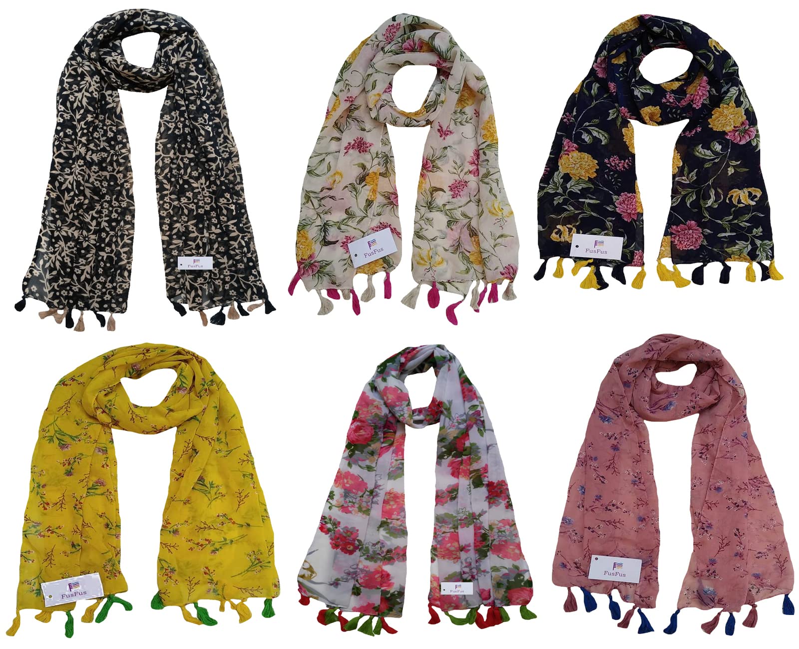 FusFusWomen's Printed Scarf and Stoles, (Multicolor, FS10109) - Pack of 6