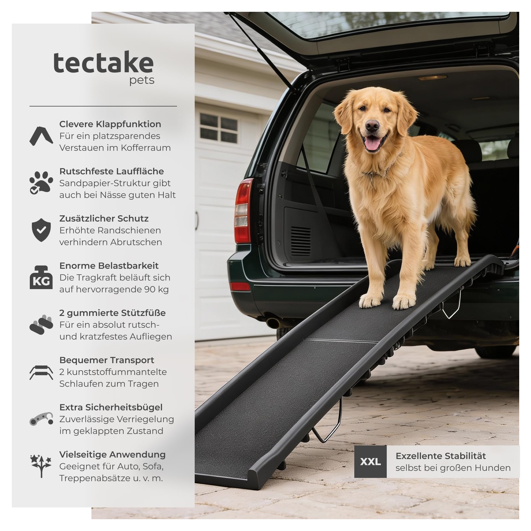 tectake® Hunderampe, klappbar und rutschfest, bis 90kg, Hunderampe Auto mit Kofferraumschutz, Haustiertreppe für Bett, Sofa und Treppen, Autorampe, Einstiegshilfe für PKW
