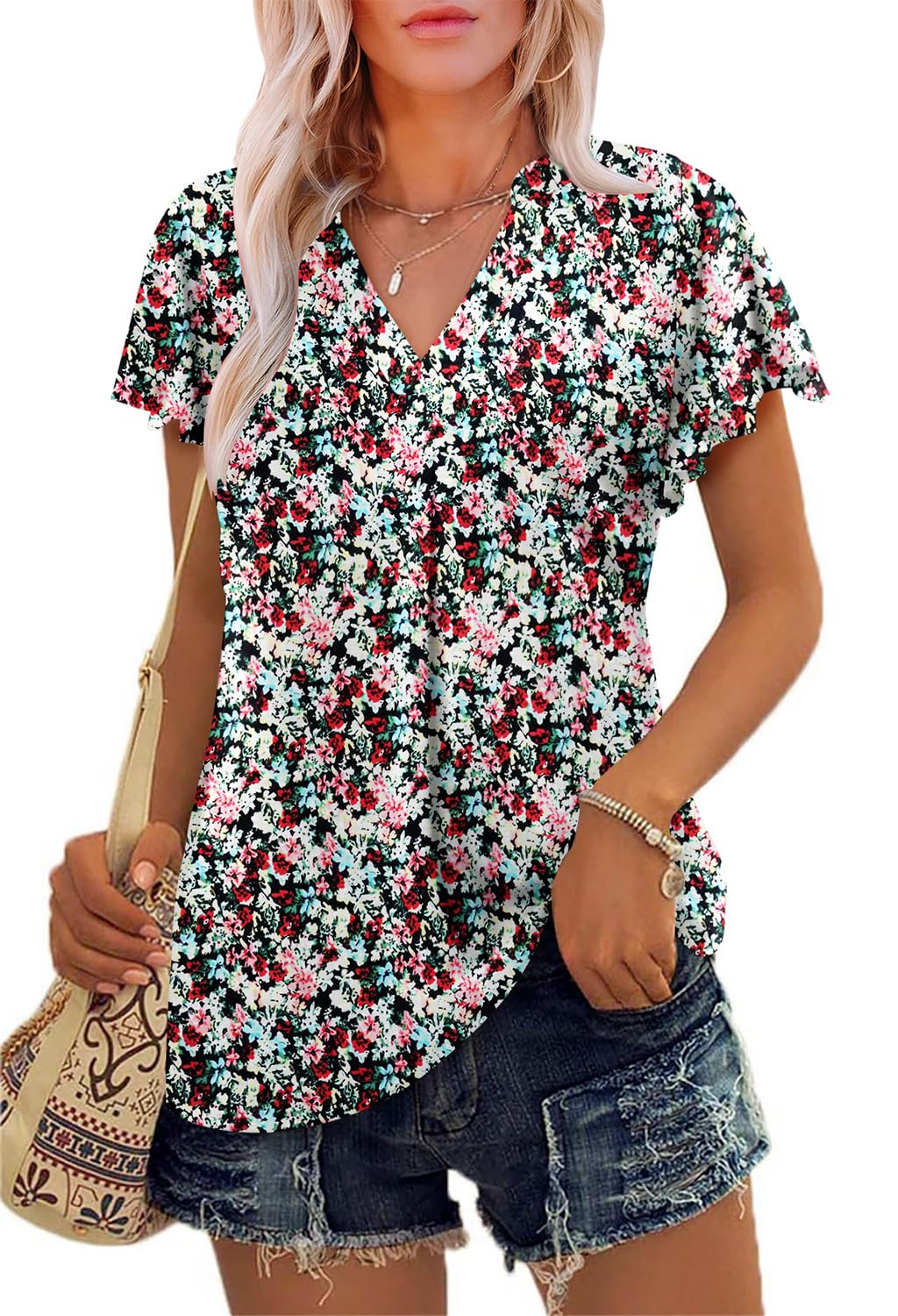 KISSMODA Women Summer Tunic Tops Ruffle Sleeve Tees Casual V Neck Plus Size T Shirts Basic Flowy Shirts