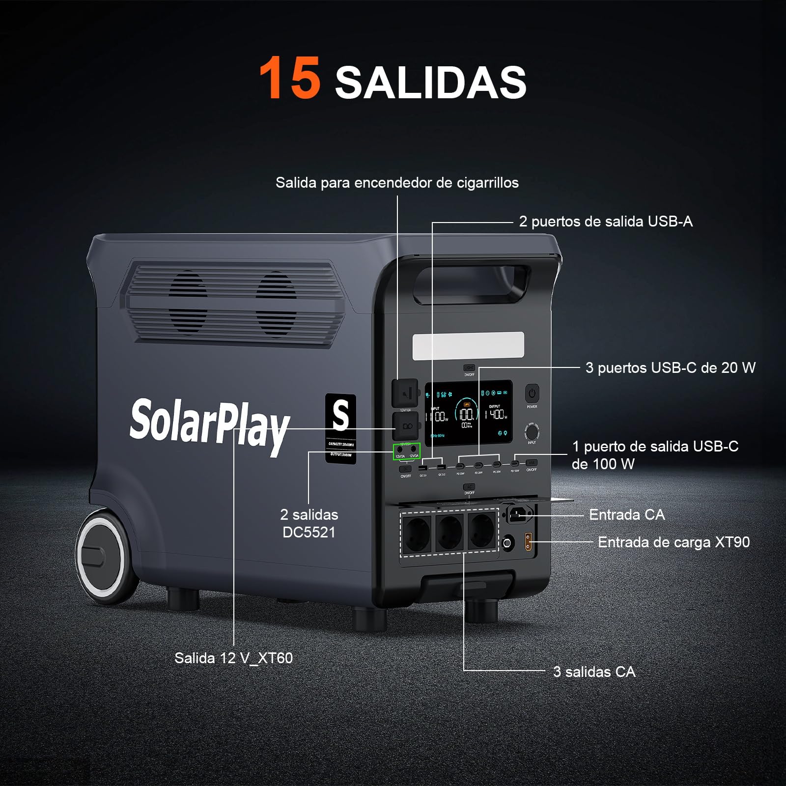SolarPlay Q3600 Central eléctrica portátil 3600 W,Estación de energía solar 3840 Wh LiFePO4 Carga rápida 2.5h, Entrada solar 2000 W(max),UPS,Generador eléctrico portátil para hogar, (Q3600)