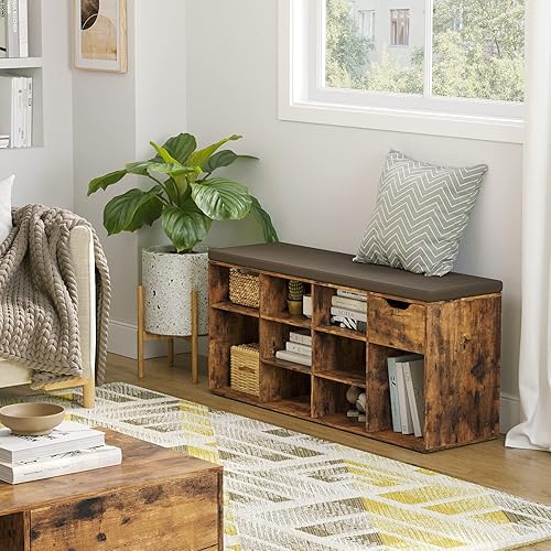 Miniatura 7 de DINZI LVJ Banco de zapatos, banco de almacenamiento de entrada con cajón y 11 cubículos, zapatero con estantes ajustables, armario organizador de