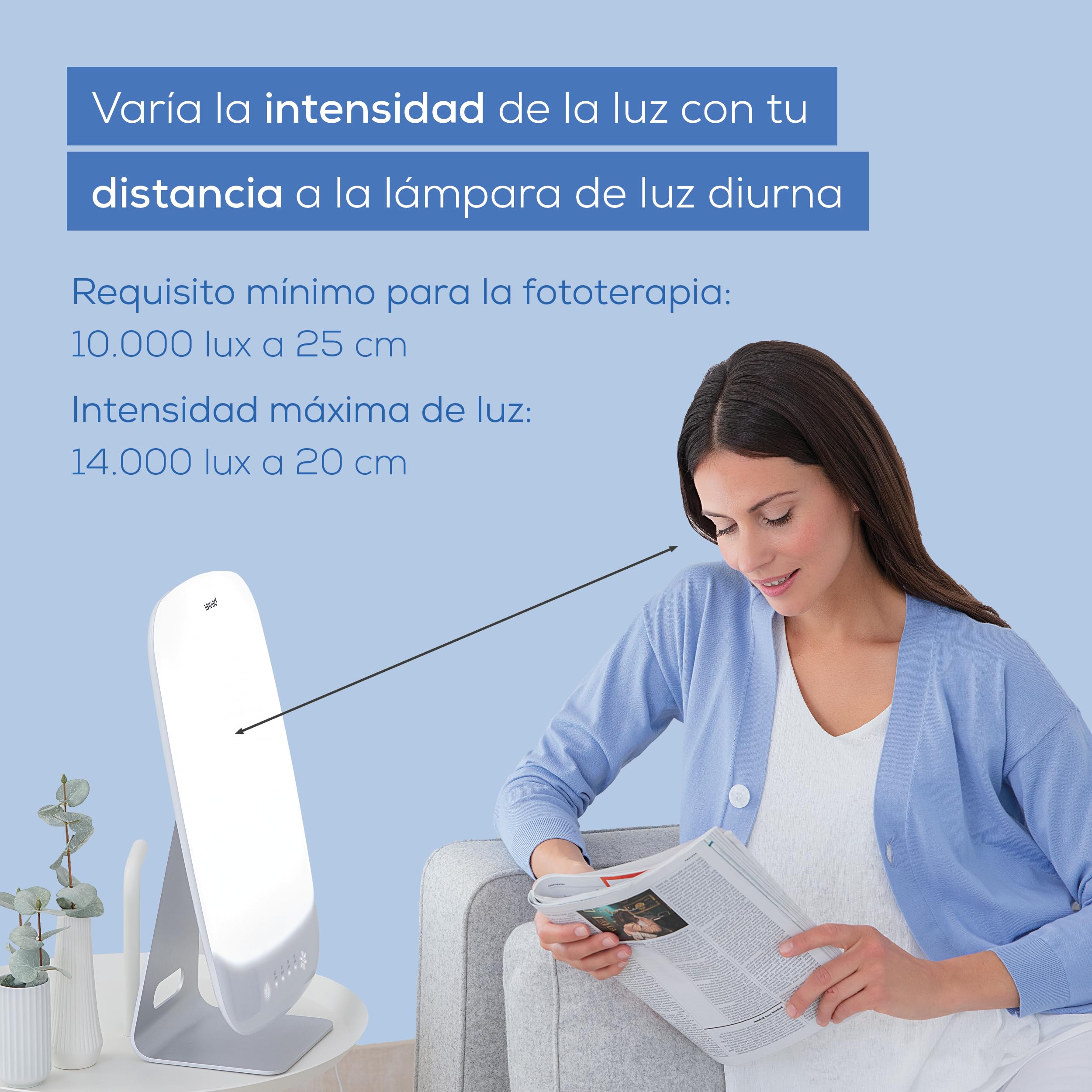 Beurer TL 95 Lámpara de luz diurna, simulación de luz diurna, 14000 lux, dispositivo médico, lámpara de luz diurna para síntomas de falta de luz, tecnología LED SunLike®, con regulador de intensidad