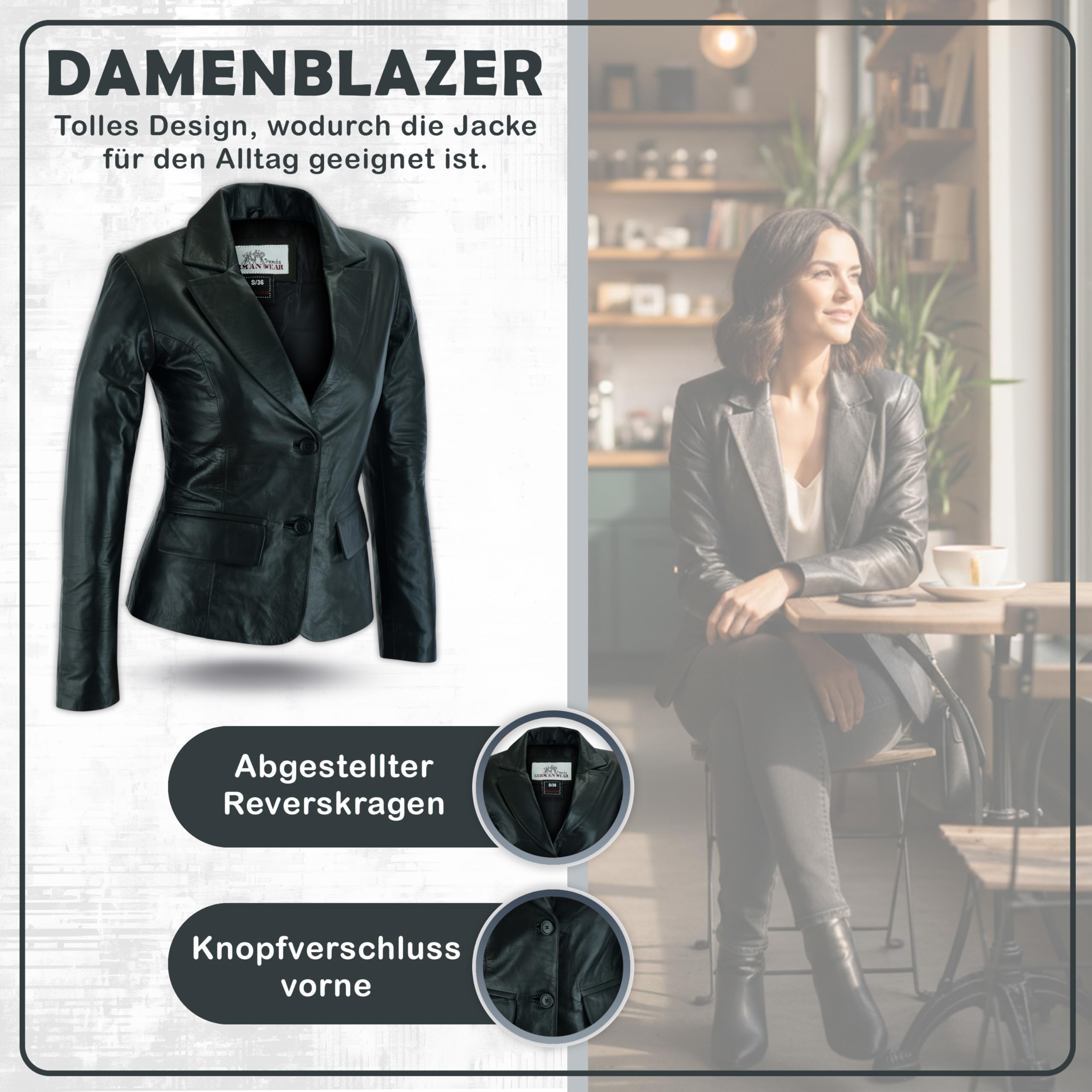 German Wear Damen Lederblazer Lederjacke Blazer Echtleder Jacke aus Lammnappa Leder Schwarz