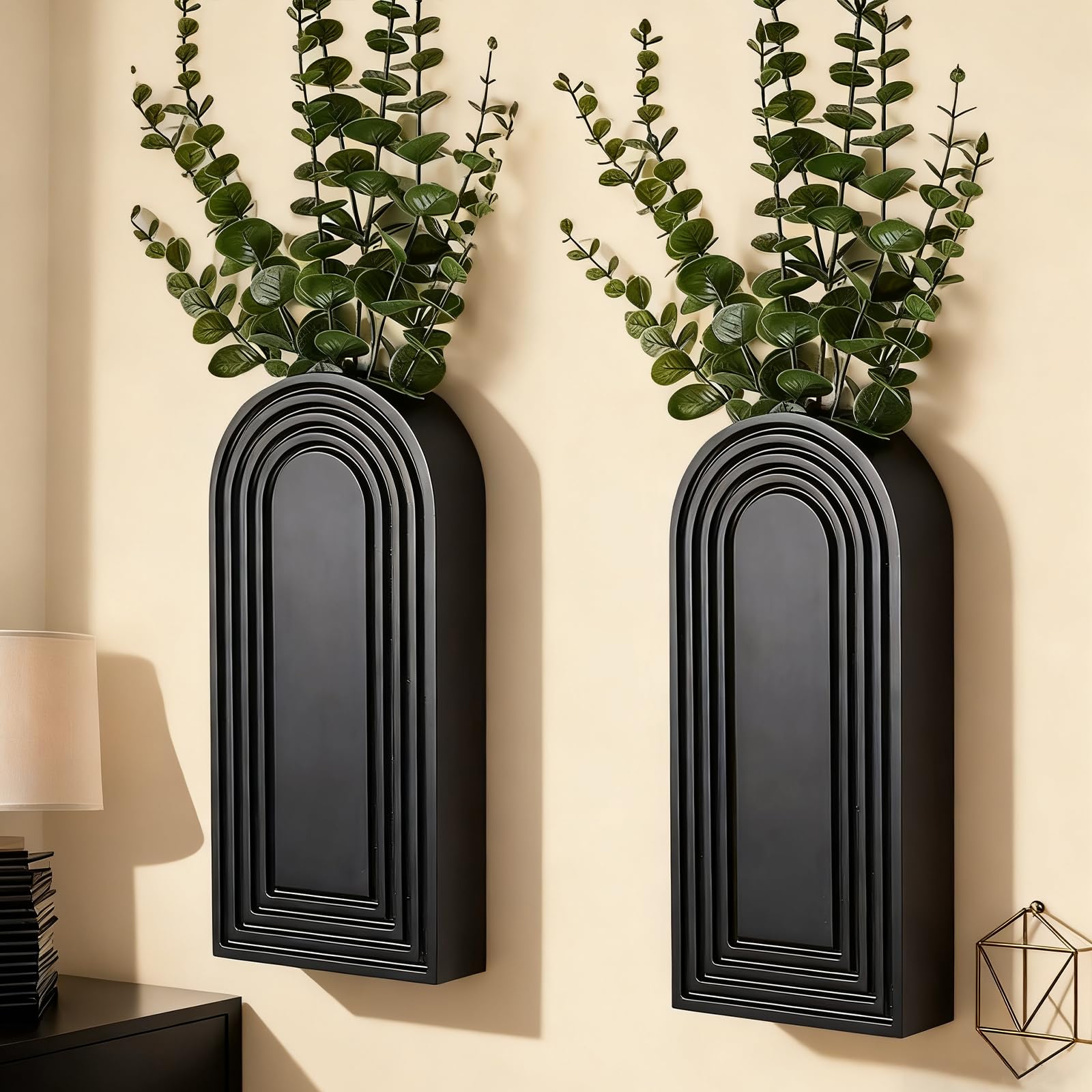 Photo 1 of 2 Pack Wooden Wall Vase Set, Boho Hanging Planter for Indoor Plants & Flowers, Wood Wall-Mounted Planters for Living Room, Modern Farmhouse Entryway or Bathroom, Rustic Art for Home (Black)