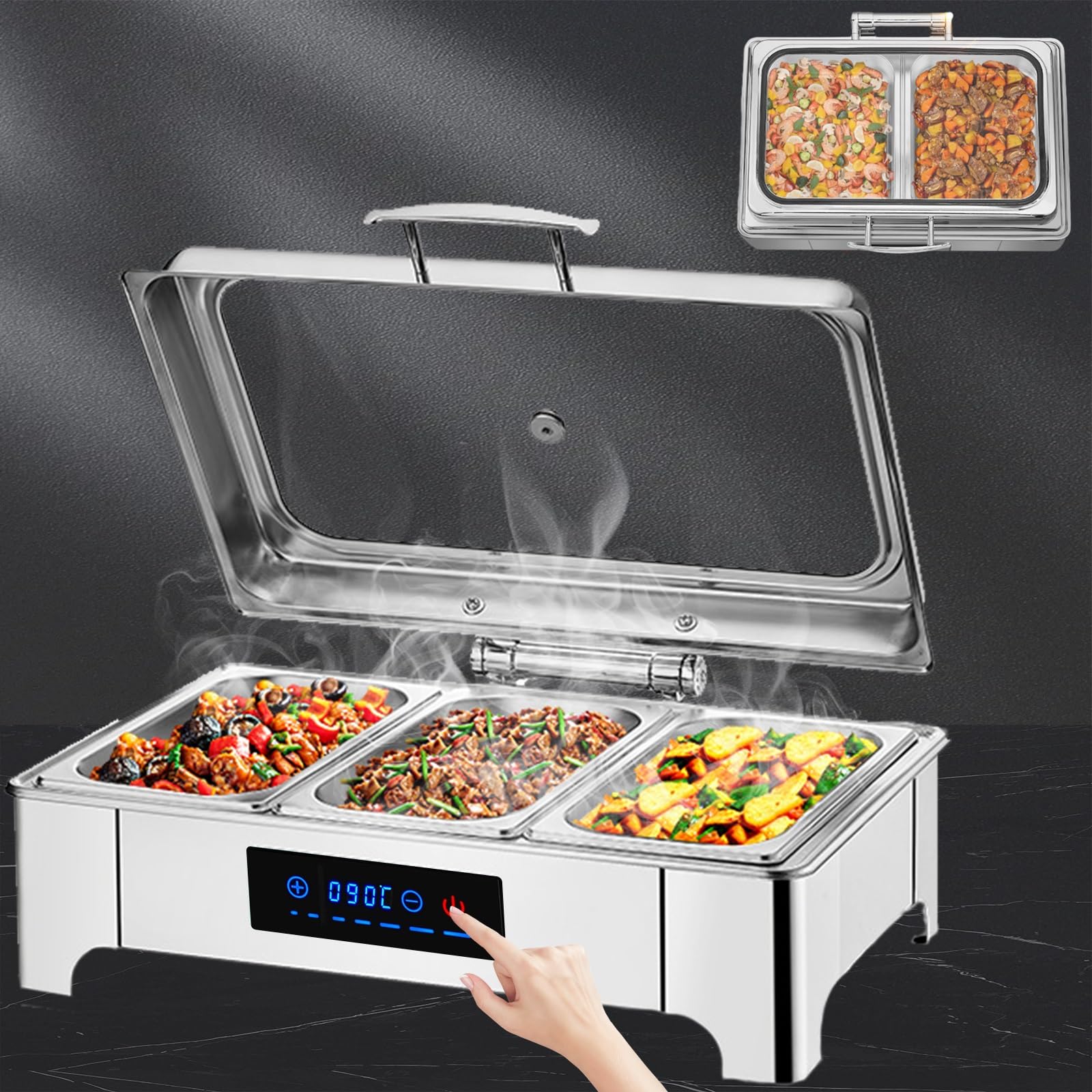 Chafing Dish Elettrico, 9L Scaldavivande Elettrico per Buffet Acciaio Inox, Contenitore Scalda Cibo Professionale Temperatura Regolabile per Buffet, Feste e Banchetti(B,1/3 Pan)