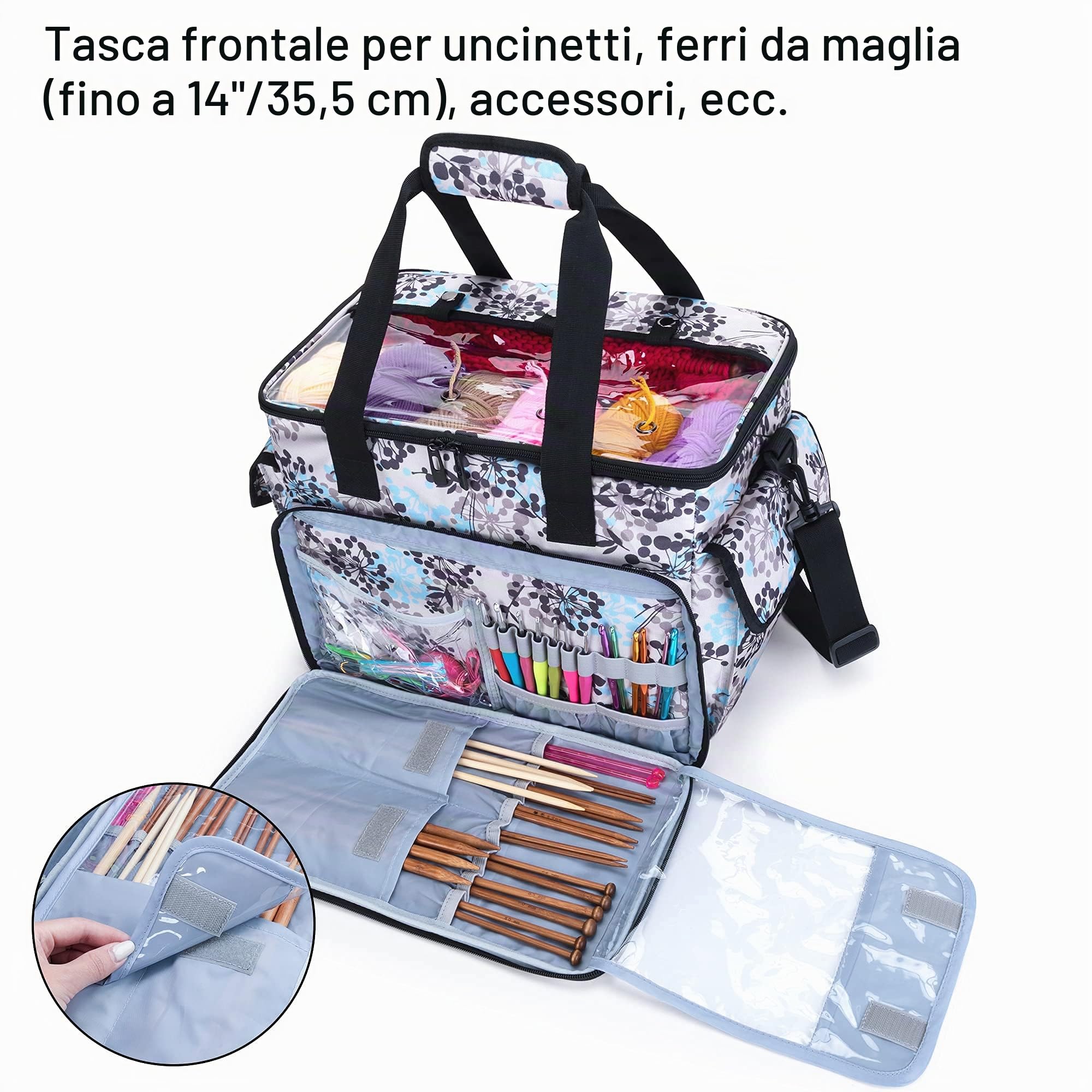 CURMIO Borsa per Lavoro a Maglia con Coperchio Trasparente, Dente di Leone | Organiser per Aghi / Uncinetto/ Ferri, Scomparti Multipli, 4 Occhielli, Tracolla Rimovibile, Senza Accessori Inclusi