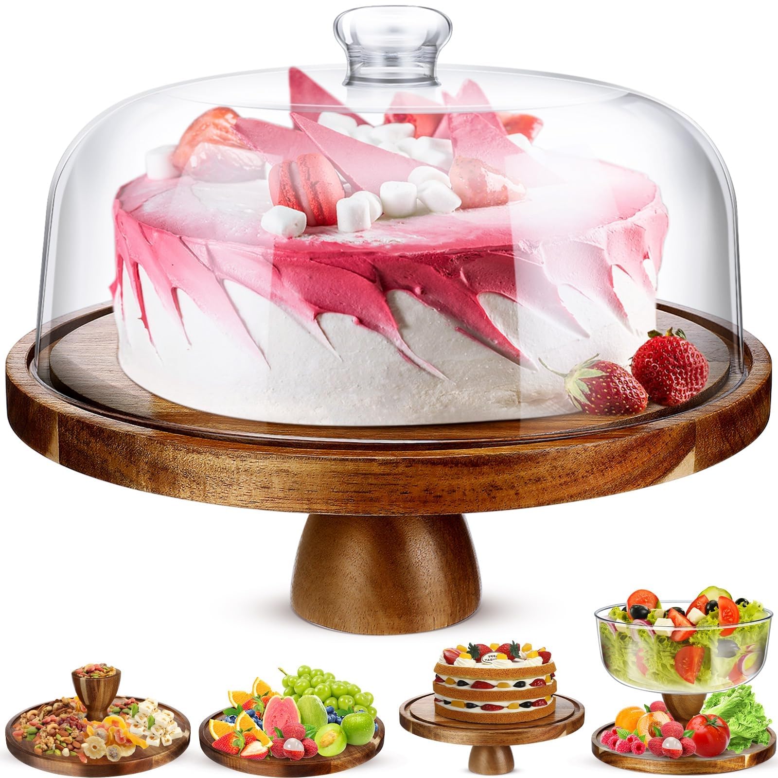 Eidoct Cake Stand, Cake Plate Server Platter with Dome, Acacia Wood and Shaterproof Acrylic Lid, Veggie Tray, Fruit Bowl, Donut Stand, Nachos Plate