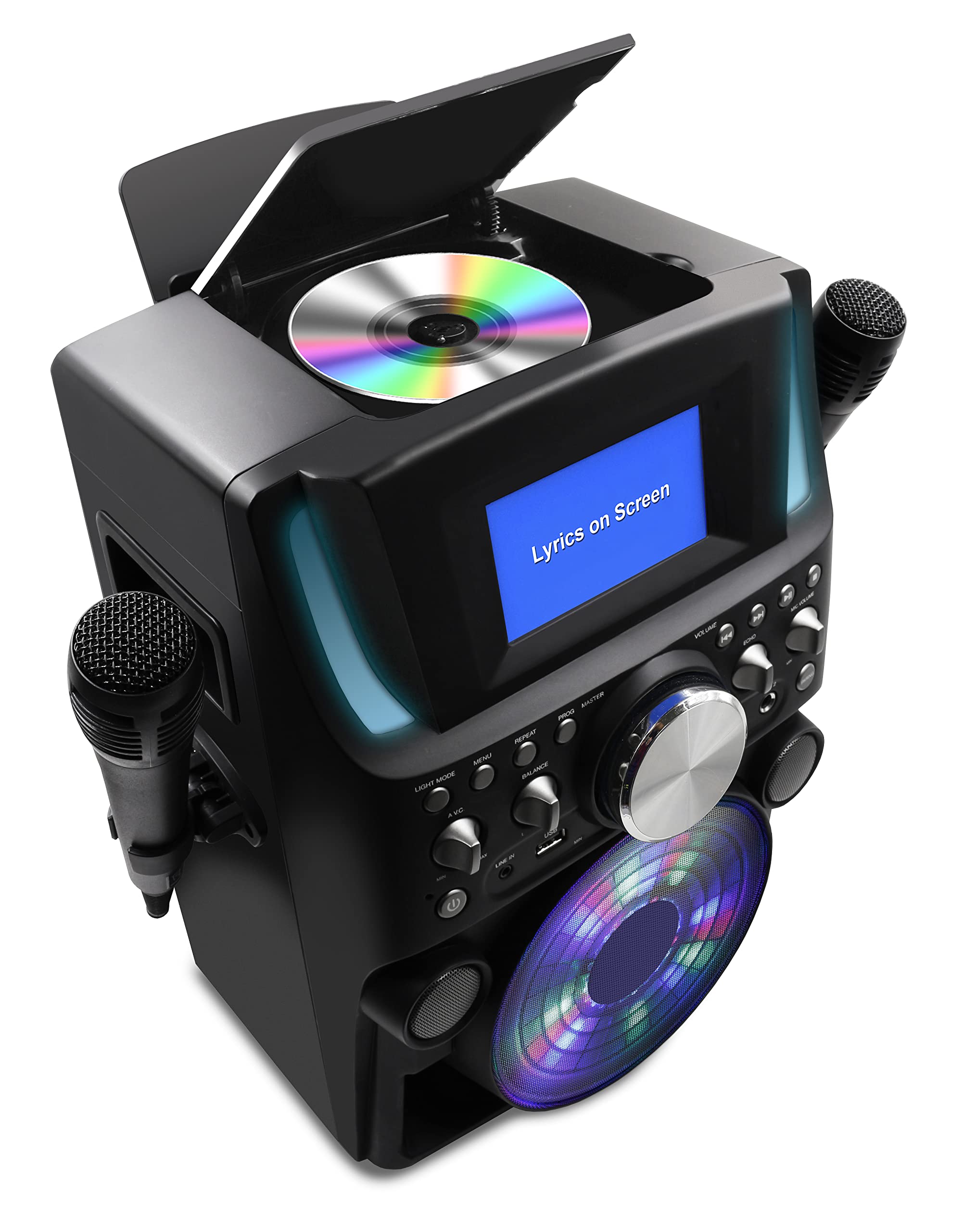 Groovebox Machine de karaoké Bluetooth CDG Écran intégré et lumières disco Comprend des chansons et des microphones (microphones filaires + 600 chansons)