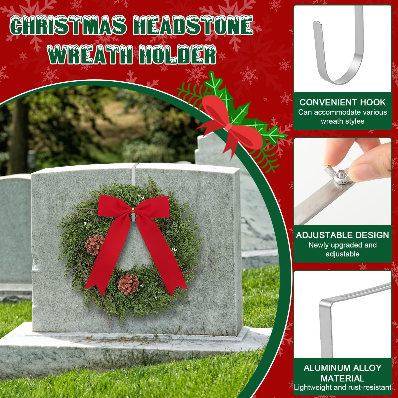 Yuntau Lot de 4 couronnes commémoratives de Noël pour tombes comprenant 2 couronnes de pierres tombales de 40,1 cm, 2 supports réglables en métal pour couronne de pierre tombale (cyprès)