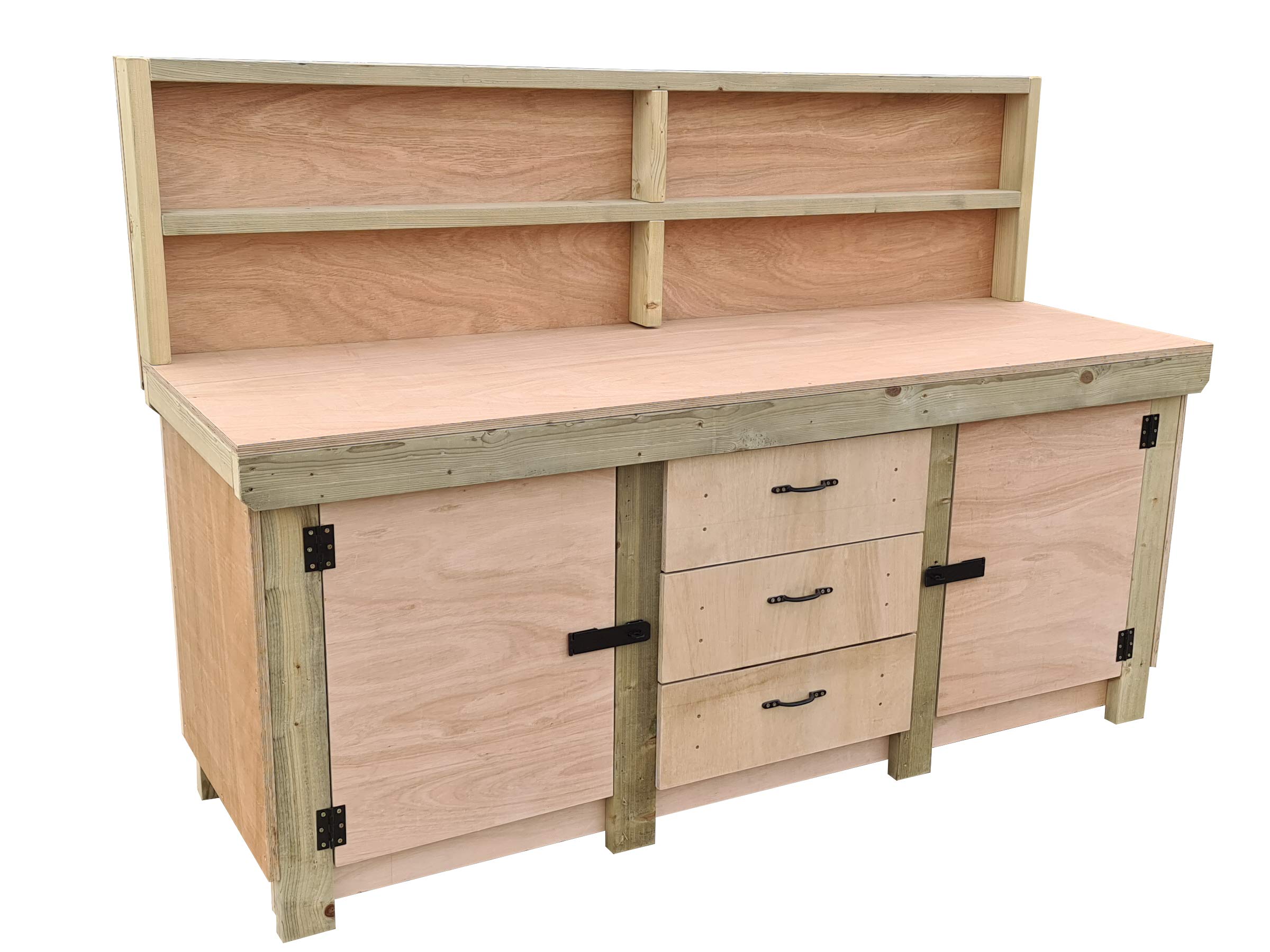 Arbor Garden Solutions Wooden Workbench With Drawers and Double Lockable Cupboard with Back Panel and Double Shelf - Eucalyptus 18mm Hardwood Top (8ft)