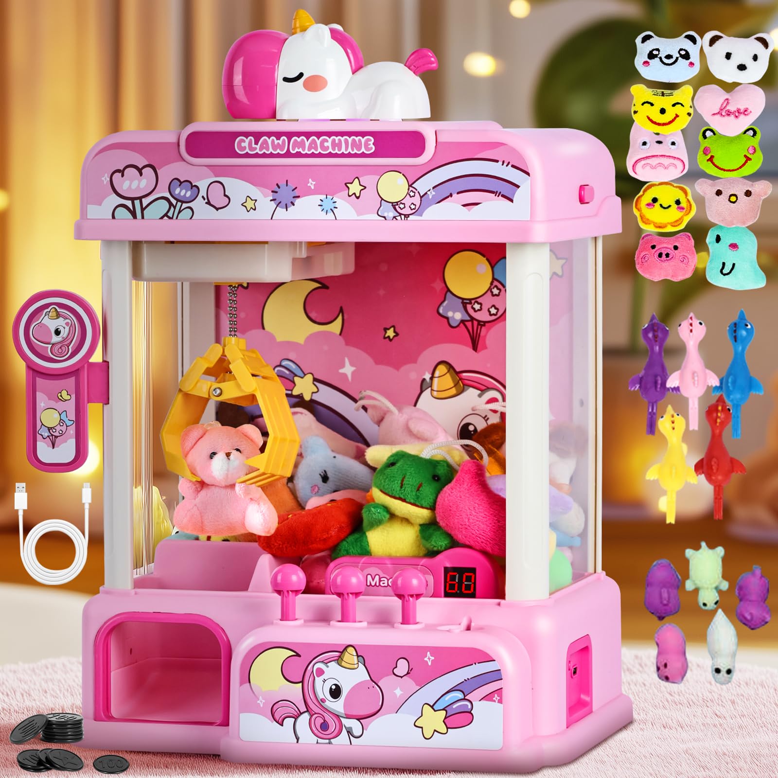 CWLAKON Candy Grabber Machine, Machine à Attraper Les Poupées avec 20 Mini Jouet, Distributeur de Bonbons Jeu d'arcade avec Musique, Anniversaires et Cadeaux de Noël pour Enfants Filles, Rose