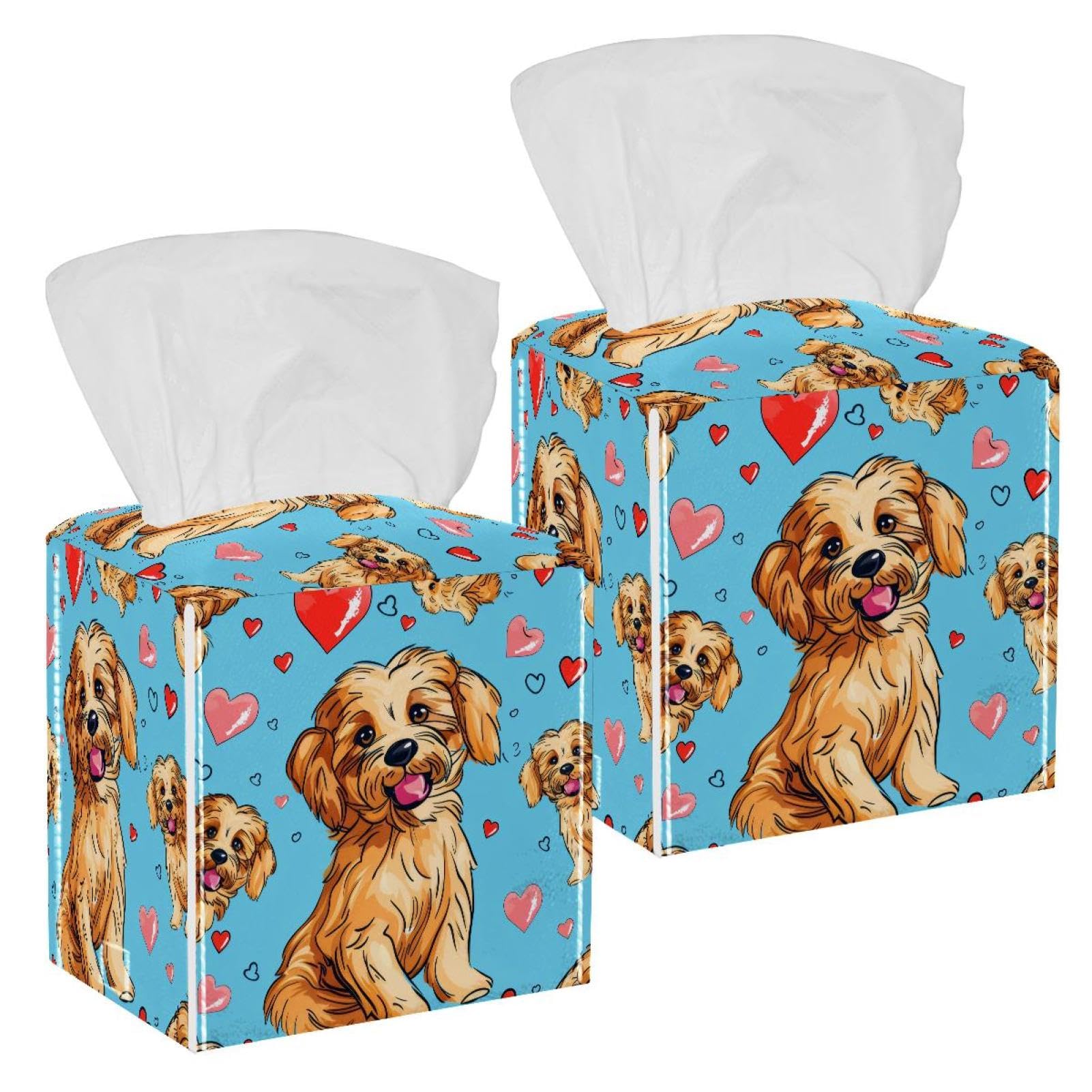 Dog and Hearts Tissue Box Cover, 2 Pack PU Leather Square Facial Tissue Dispenser Box holder for Home Office Car