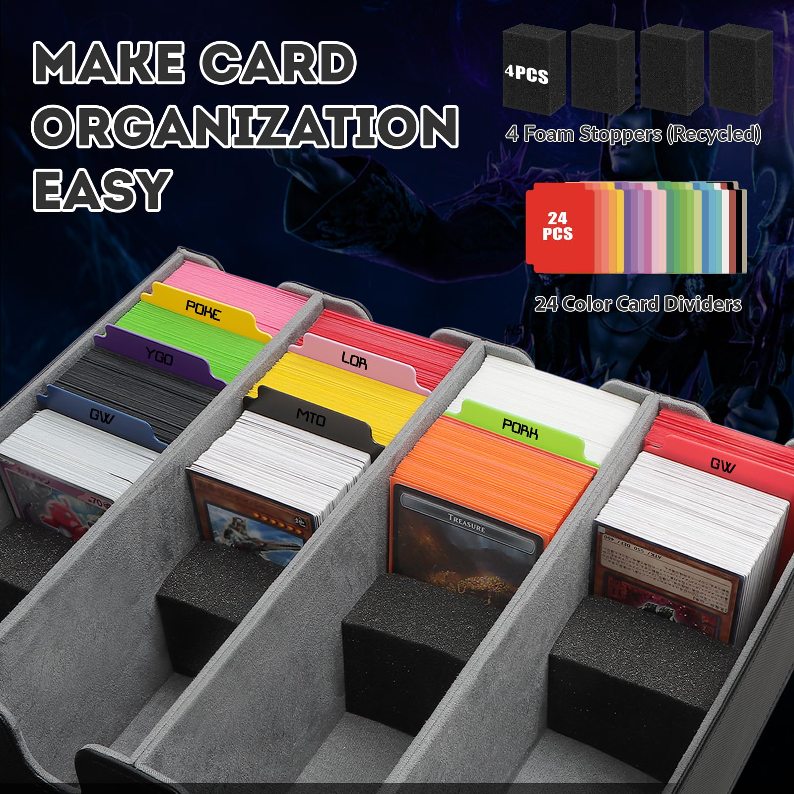 Karten Box für 2800+ Karten, Sammelkarten-Aufbewahrungsboxen mit 24 Bunt Trennwänden, 4 Schaumblöcke, Premium Magnetic Deck Boxen, PU Leder Deck Case für TCG Magic The Gathering Karten (Schwarzgrau)