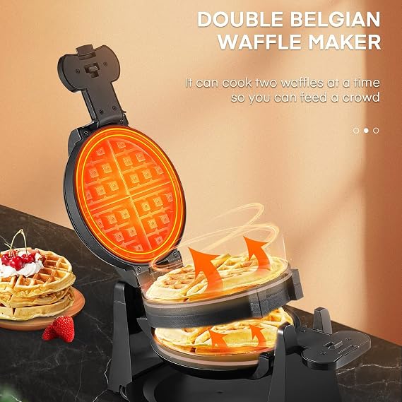 Double Belgian Waffle Maker Iron 180 Flip 1400W 8 Slices in 3 Mins, Rotating, Nonstick Baking Plates, Anti-Scald, Removable Easy to Clean Drip Tray, Cool-touch Handle, Space-Saving Storage, Black