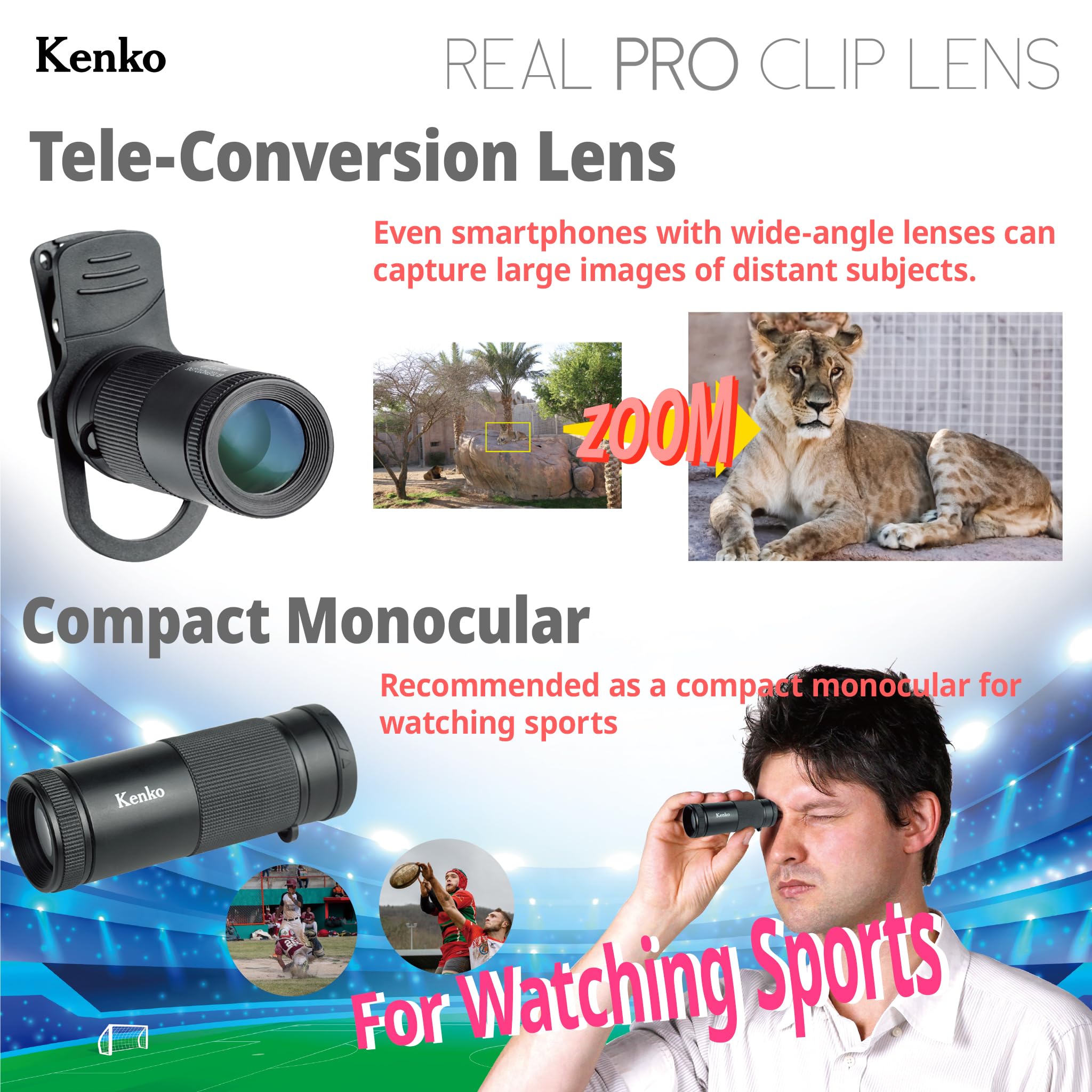 Kenko Tele Conversion Lens for Smartphone Realpro Clip Lens 8X, Full-Multi Coating, for Dual/Single Lens iPhone, Samsung Galaxy,Google Pixel, Android. KRP-8t
