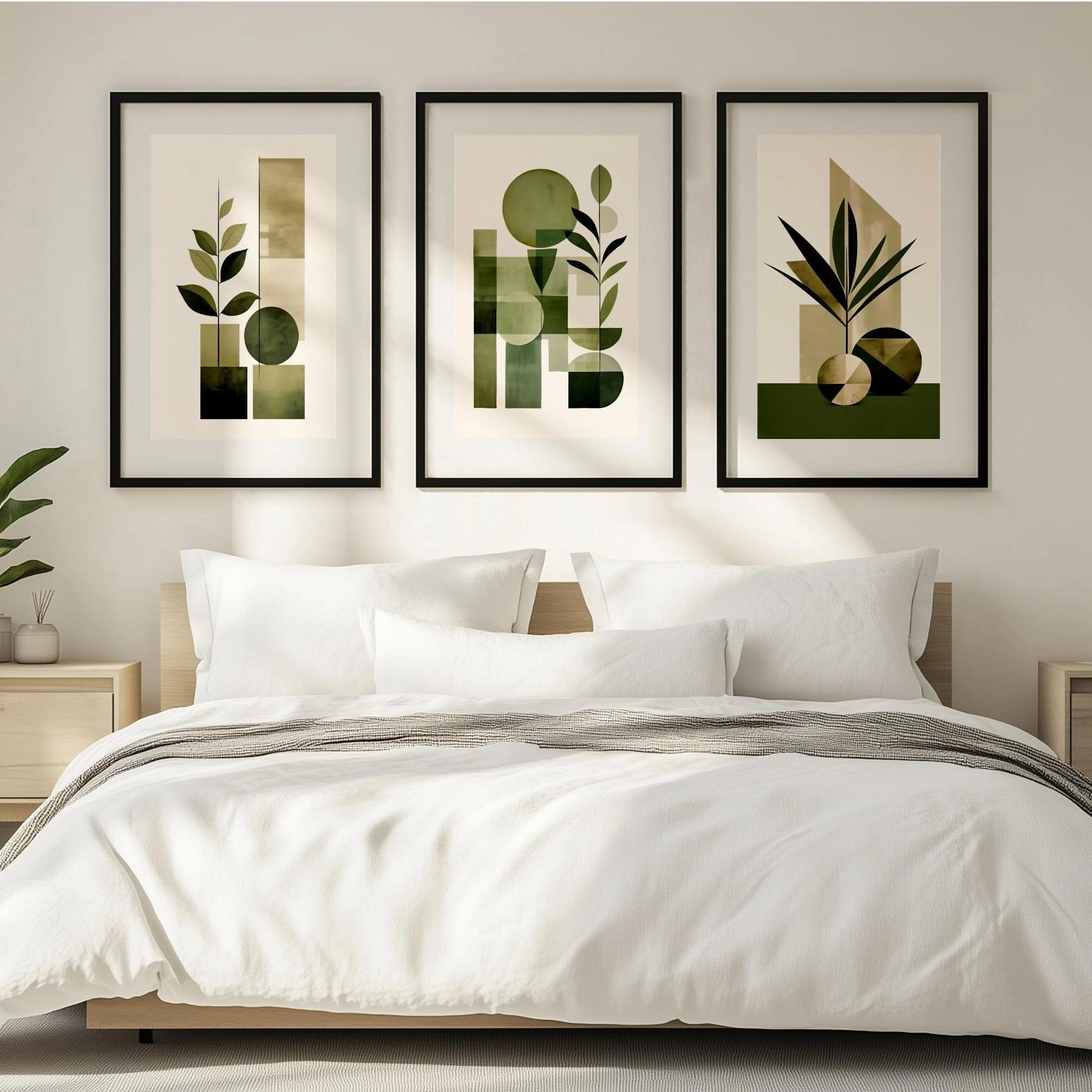 Mid Century Geometric Botanical Wall Art Sage Olive Green Abstract Leaf Canvas Prints, Minimalist Boho Neutral Home Decor(35x50cm-3Pcs)
