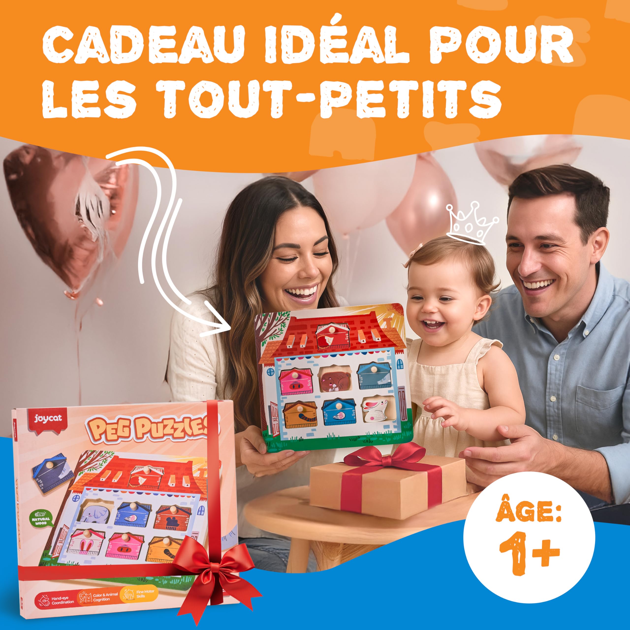 JoyCat Puzzle Bois Enfant 1 An Montessori Jouet Éducatif Animaux 7 Pièces Cadeau Anniversaire
