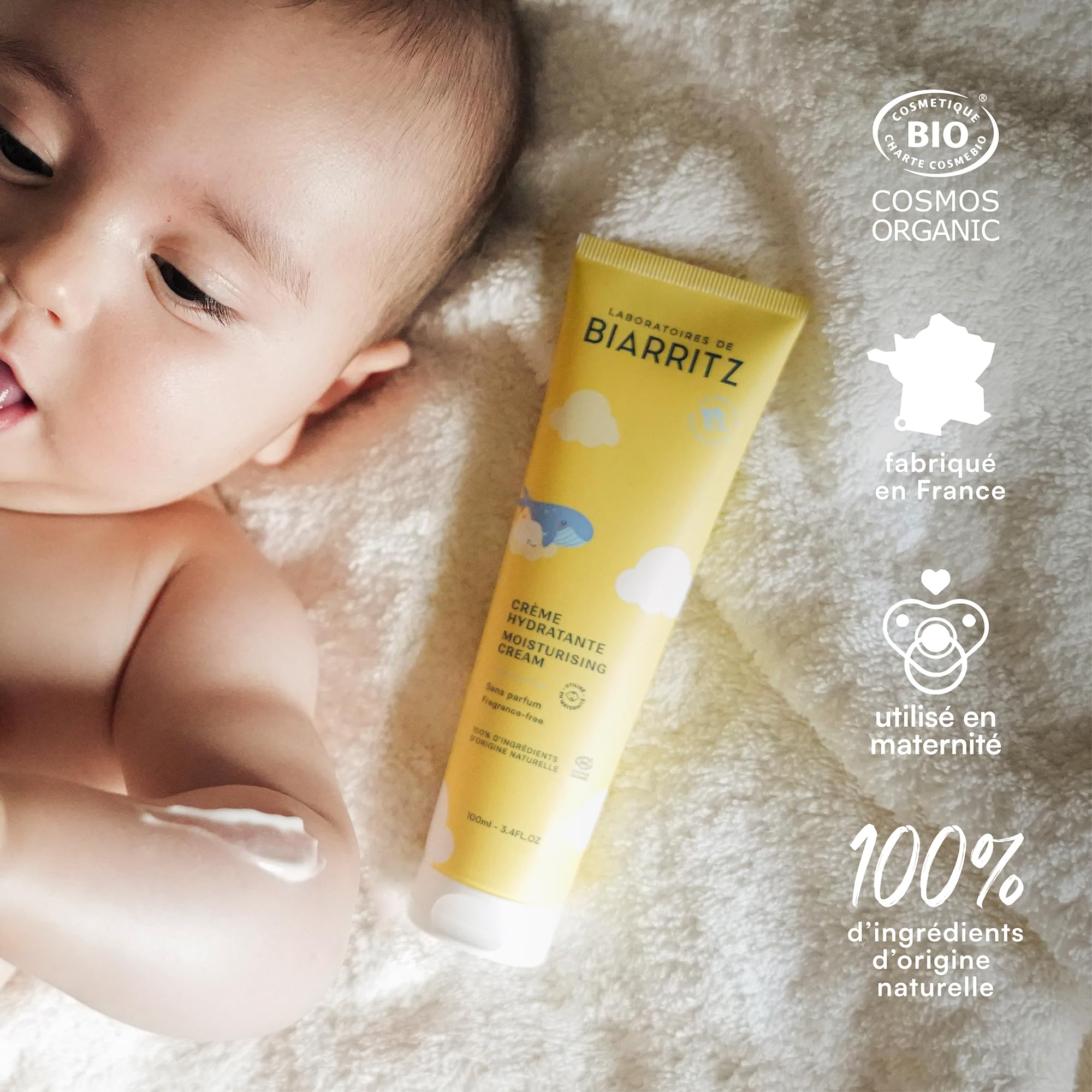 Laboratoires de Biarritz - Crème Hydratante pour Bébé - Certifiée Bio - Apporte Confort, Douceur et Apaisement - Visage & Corps - 100 ml - Fabriquée en France