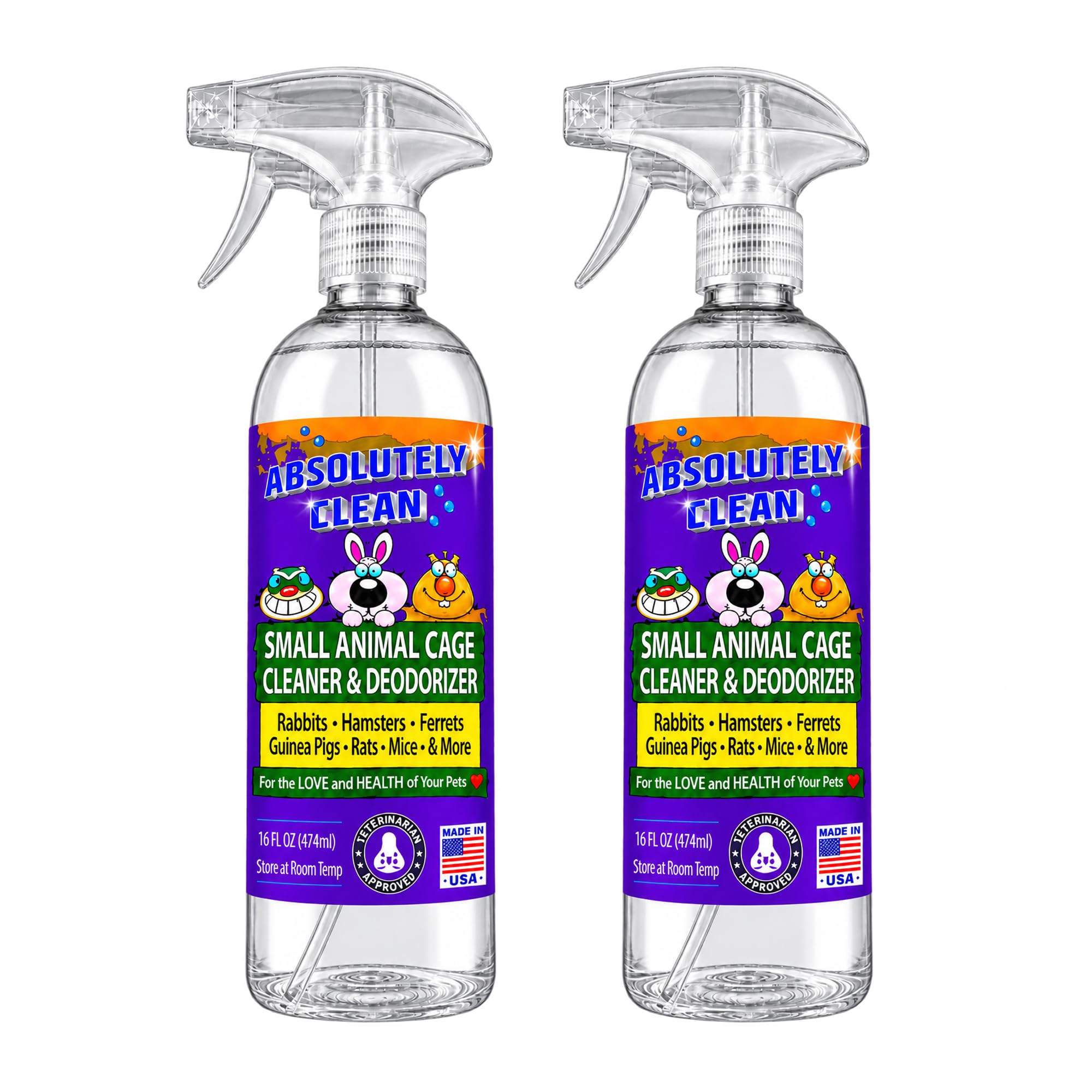Absolutely Clean Amazing Small Animal Cage Cleaner, Just Spray/Wipe, Easily Removes Messes &amp; Odors - Hamster Cages, Mice, Rat Cage, Guinea Pig Cage, Rabbit Cage, Ferret Cage, Dog Cage - USA Made