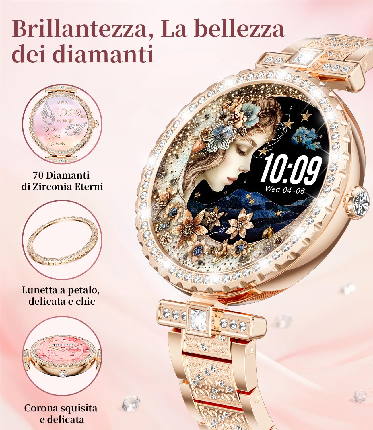 ESFOE Smartwatch Donna,1.19" AMOLED Orologio Smartwatch Donna con Chiamate Whatsapp,Orologio Fitness 120+ Sportive,Ciclo Mestruale,Cardiofrequenzimetro Sonno,IP68 Impermeabile Smart Watch Or Rosa