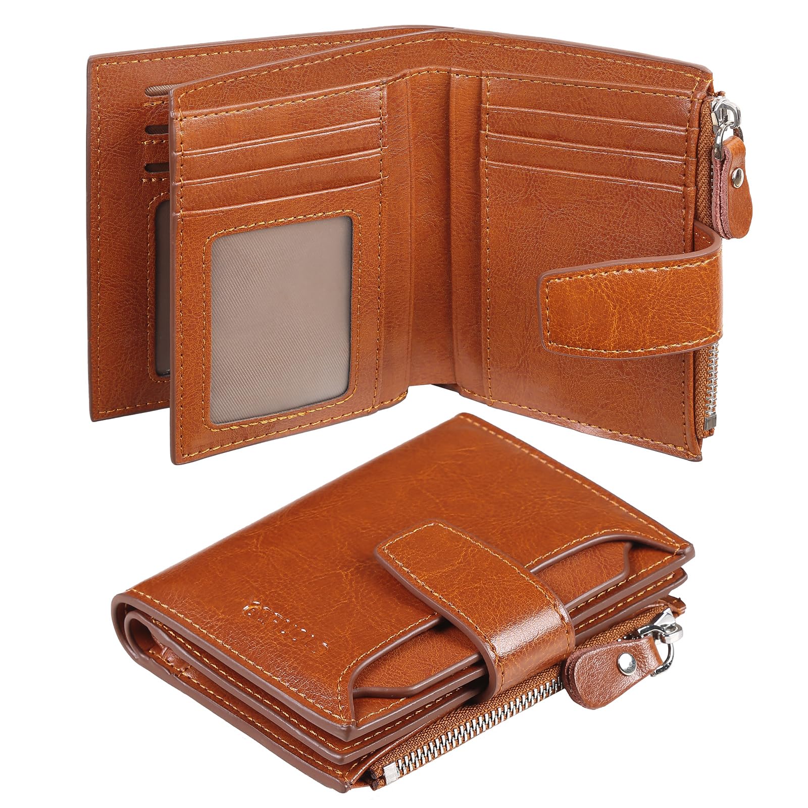 GERUOLA Glossy Bifold Wallet for Men Large Capacity Genuine Bifold Leather Men Wallets RFID Blocking,With amazing storage capacity,Can be Window pulled Up Wallet,Oil Waxed Wallet (Brown)