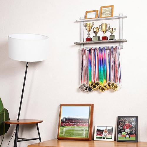 Miniatura 7 de LAVIEVERT Colgador de medallas de madera y estante de trofeos, exhibición de medallas de carreras montada en la pared con estante de almacenamiento