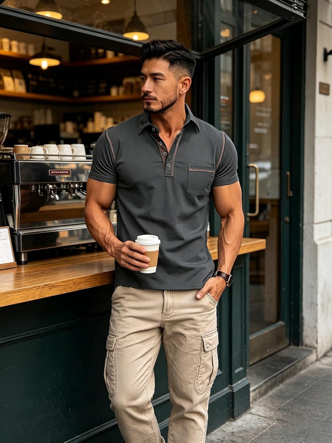 Men's Casual Polo Shirts Classic Long Sleeve Basic Button T-Shirt Lightweight Cotton Golf Tops with Pocket