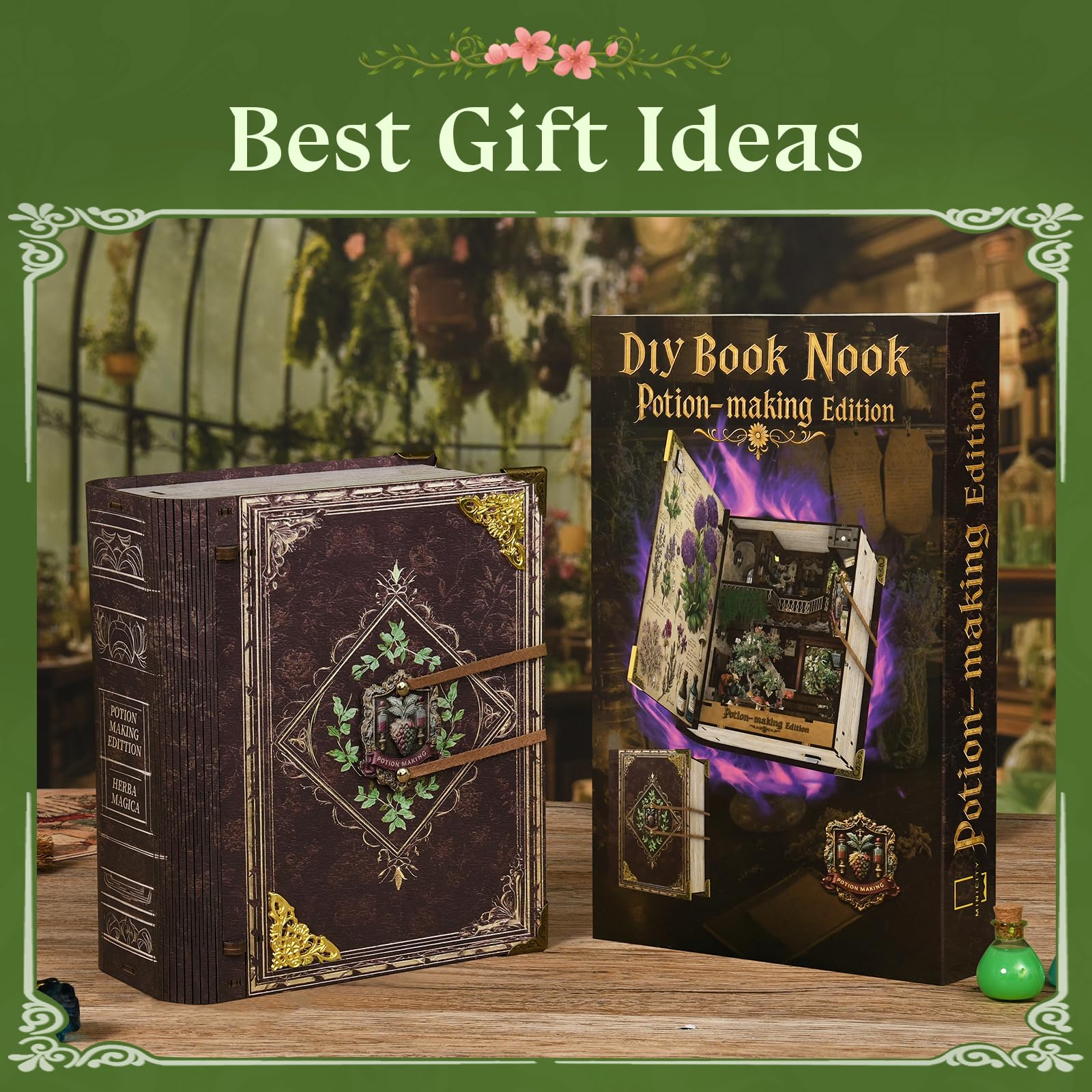 MiniCity Book Nook Kit - DIY Miniatur Holzpuzzle mit LED-Lichtern 3D Puppenhaus Buchstütze für Bücherregal Dekoration Kreative Geschenke (Potion-Making Edition)