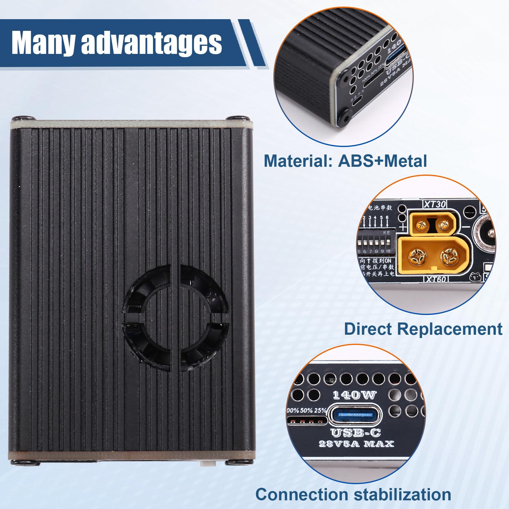 PD3.1 - Caricatore rapido bidirezionale da 140 W, tipo C, USB 2S, con ventola per batterie LiFePO4/agli ioni di litio, PD3.1/QC4+, nero
